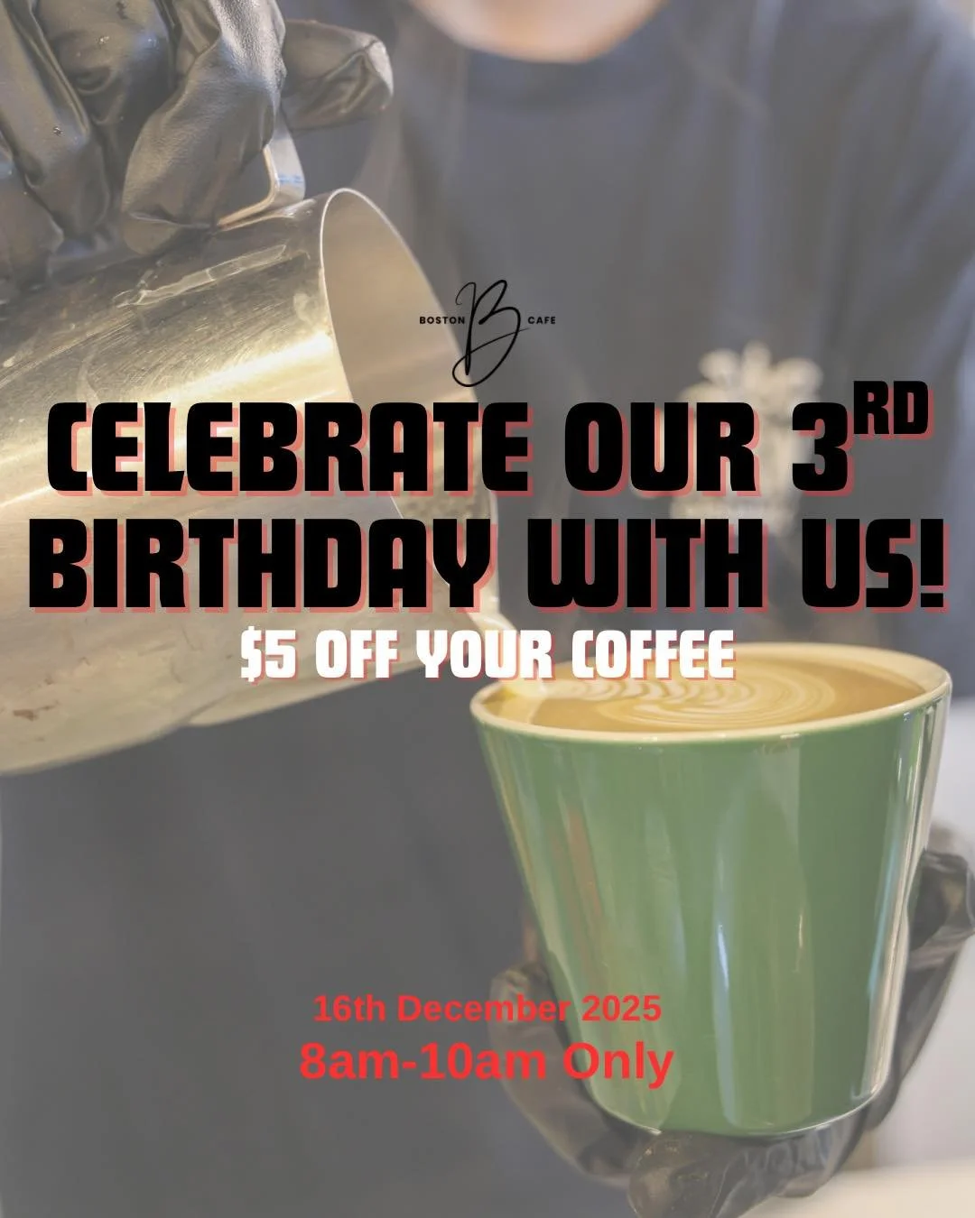 Established in 2022, Boston Cafe is delighted to celebrate our 3rd anniversary with our valued customers. 

We are incredibly grateful for your support, which has been instrumental in our journey to become a leading cafe in Auckland, and potentially 