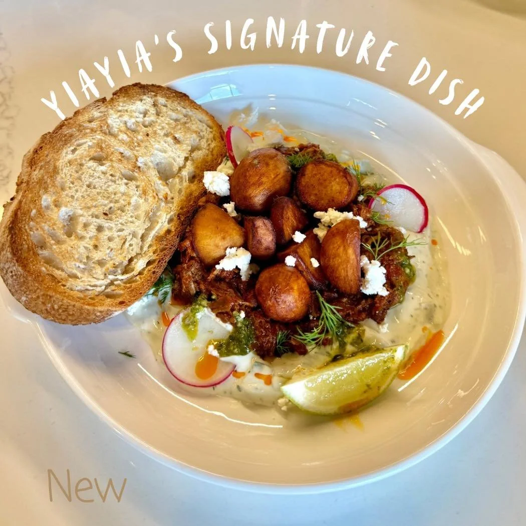 One of our new menu items - Yiayia&rsquo;s Signature Dish!

Slow-cooked tender lamb, marinated in our family&rsquo;s secret recipe passed down from &ldquo;Yiayia&rdquo; (Grandmother). Served with house tzatziki, fresh lime, dill, feta cheese, crispy 