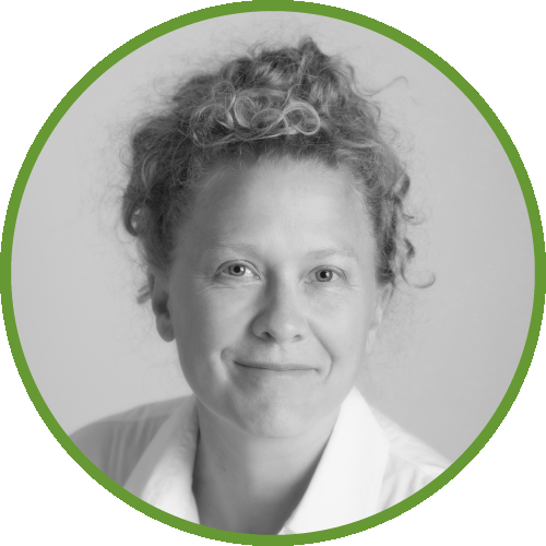 Dr Maile O'Hara with curly hair in a circular frame with a green border.