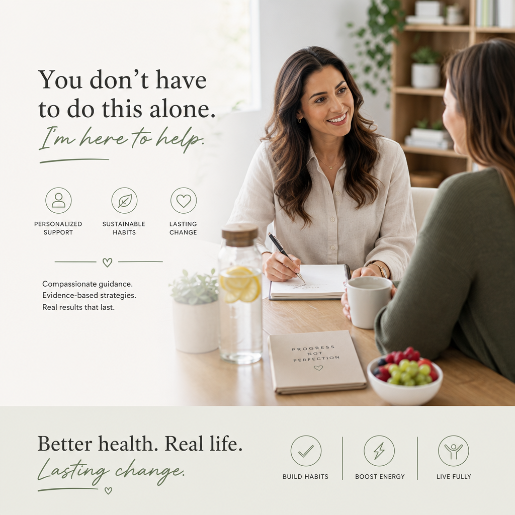 Holistic nurse coach working with client, with text promoting health support, habits, and energy.