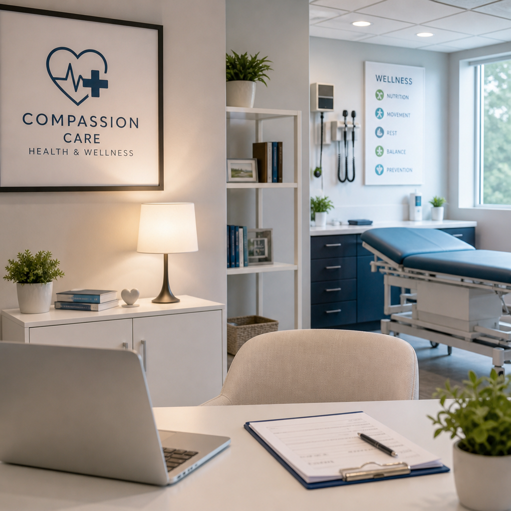 A medical or wellness office with a reception desk, a laptop, a clipboard with a pen, and several potted plants. There is a treatment room in the background with an examination table and wellness posters on the wall.