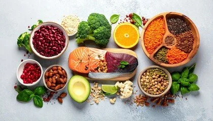 Assorted healthy foods including pomegranate seeds, broccoli, lemon, salmon, purple sweet potato, chickpeas, avocado, cauliflower, mixed spices, raspberries, and fresh herbs.