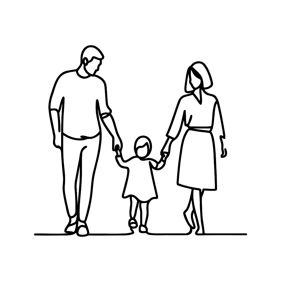 Desenho de linha simples mostrando uma família caminhando, composta por duas figuras adultas segurando as mãos de uma criança no centro.