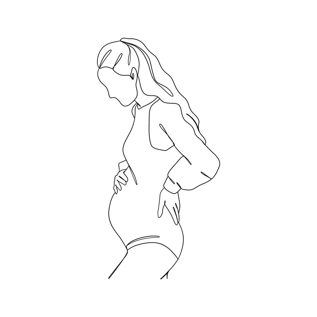 Desenho de linha de uma mulher grávida de perfil, com as mãos apoiadas na barriga.
