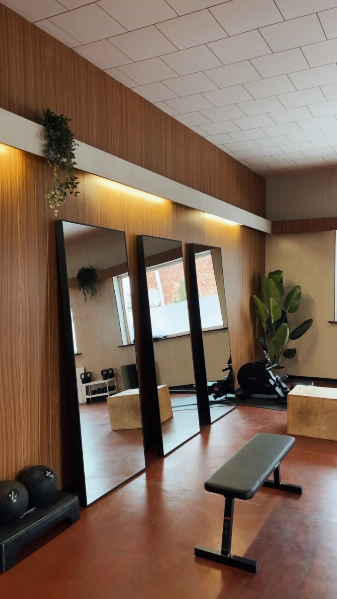 Binnenlocatie van Studio Moer met daarop spiegels, planten, en fitnessmateriaal