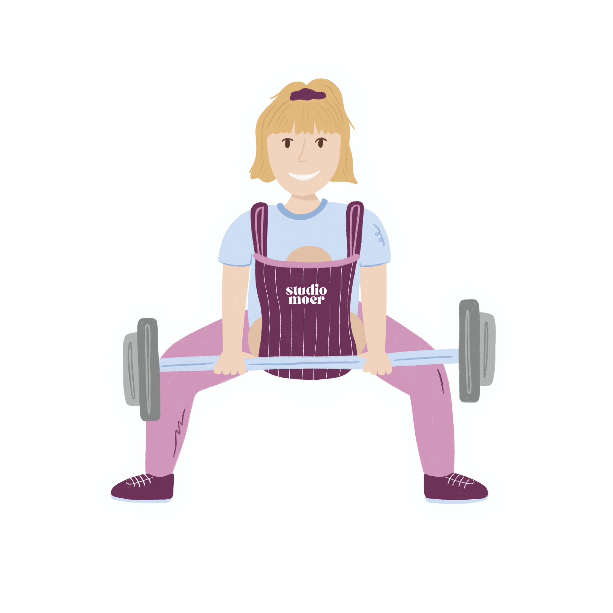 Illustratie van een postpartum mama heft een gewicht met een baby in de draagzak