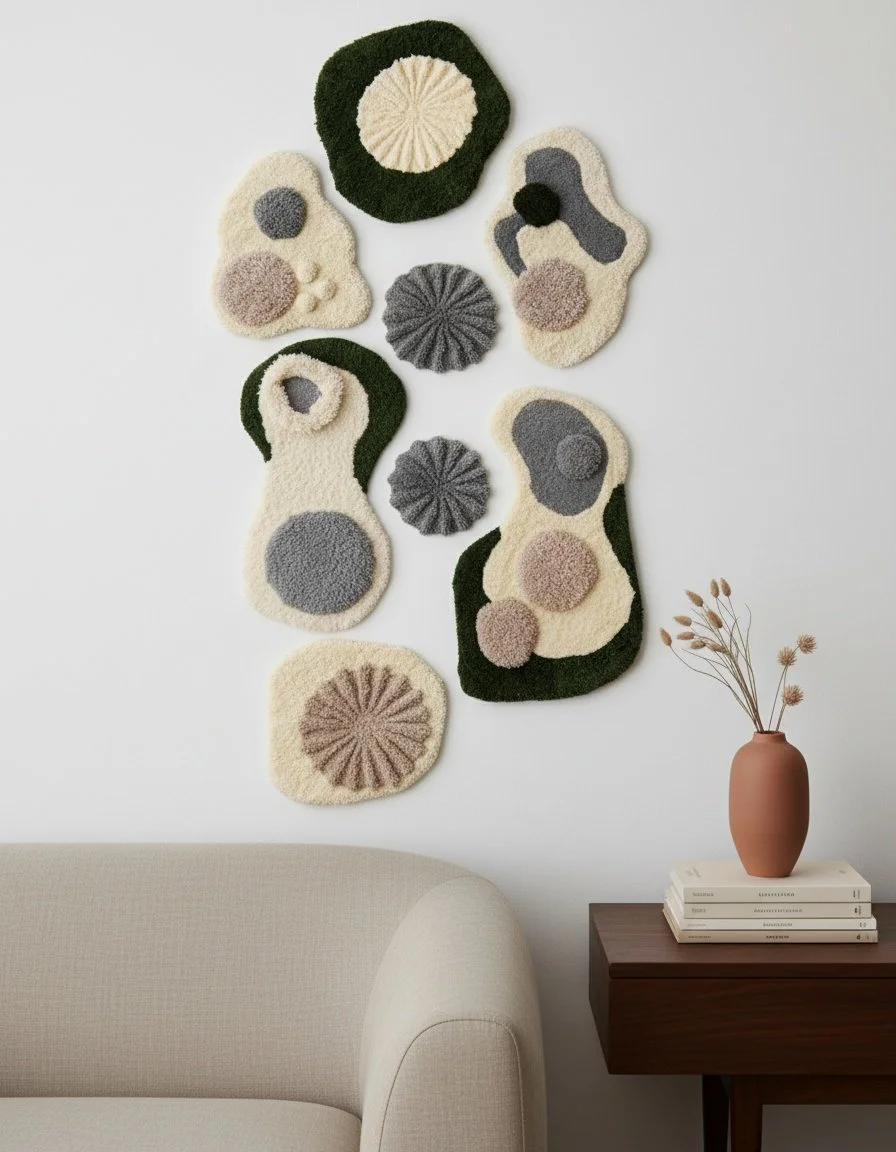 Handmade tufted textile wall artwork titled ‘Soft Topographies,’ featuring layered, textured surfaces in organic forms that evoke landscapes and flowing terrain.
