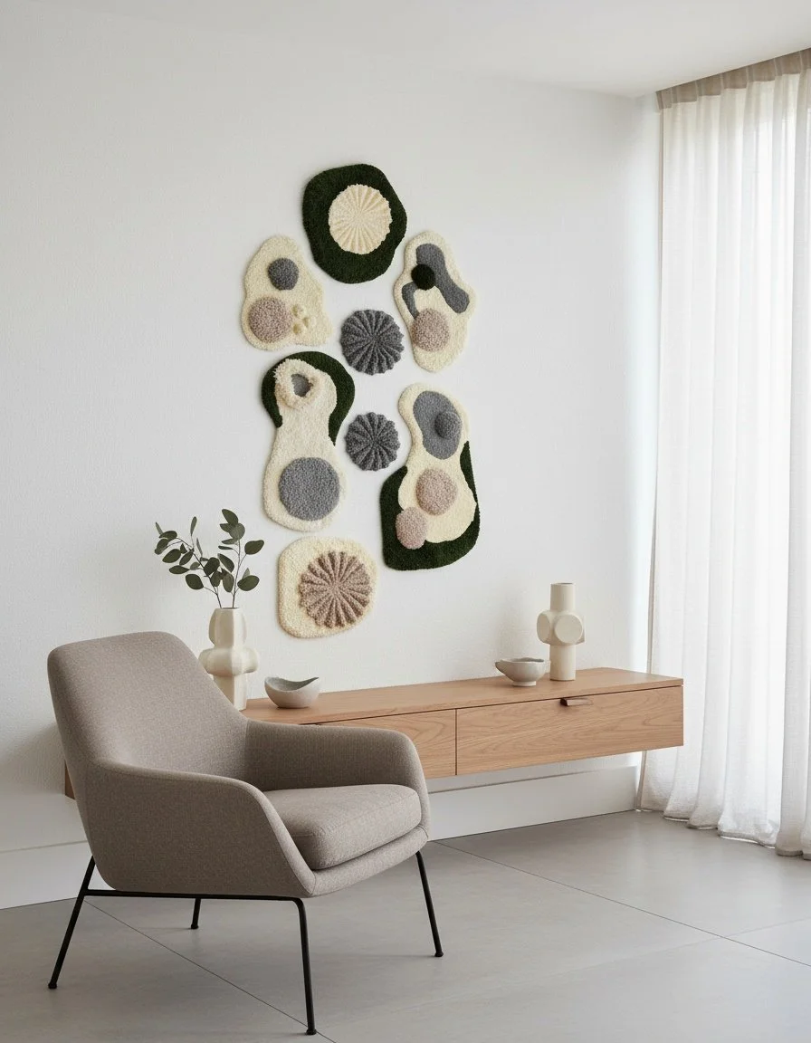 Tufted wall piece from the series ‘Soft Topographies,’ showcasing soft, tactile textures and abstract shapes inspired by natural landscapes.