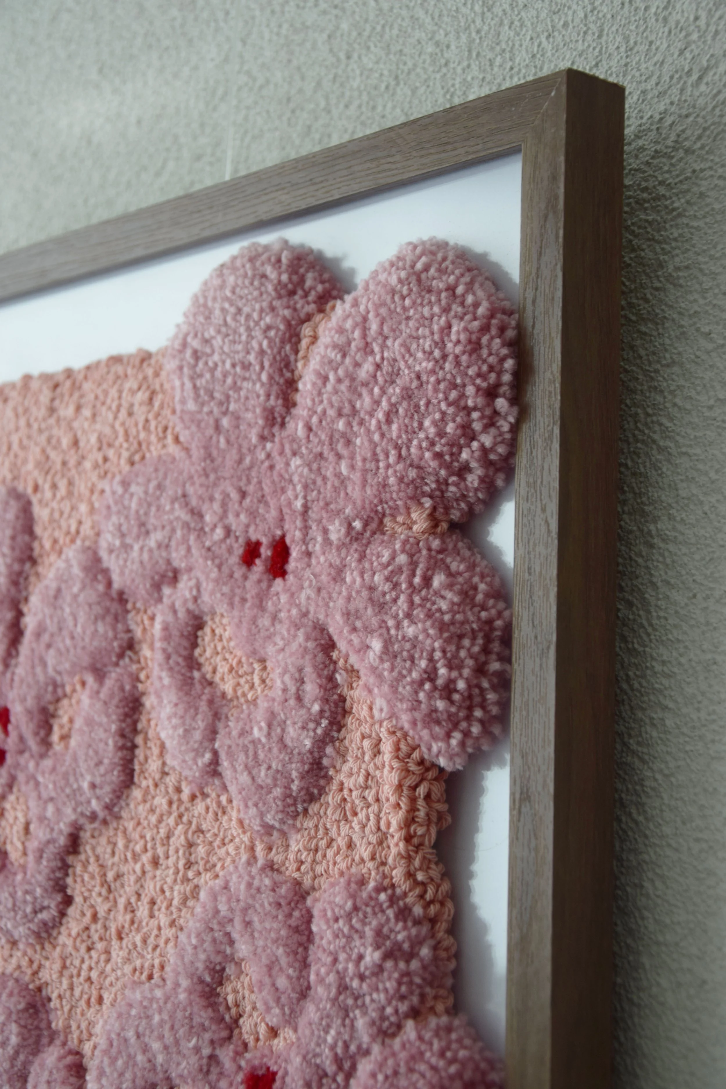 Close-up of a framed, textured pink artwork on a wall. Inspired by Hilma af Klint.