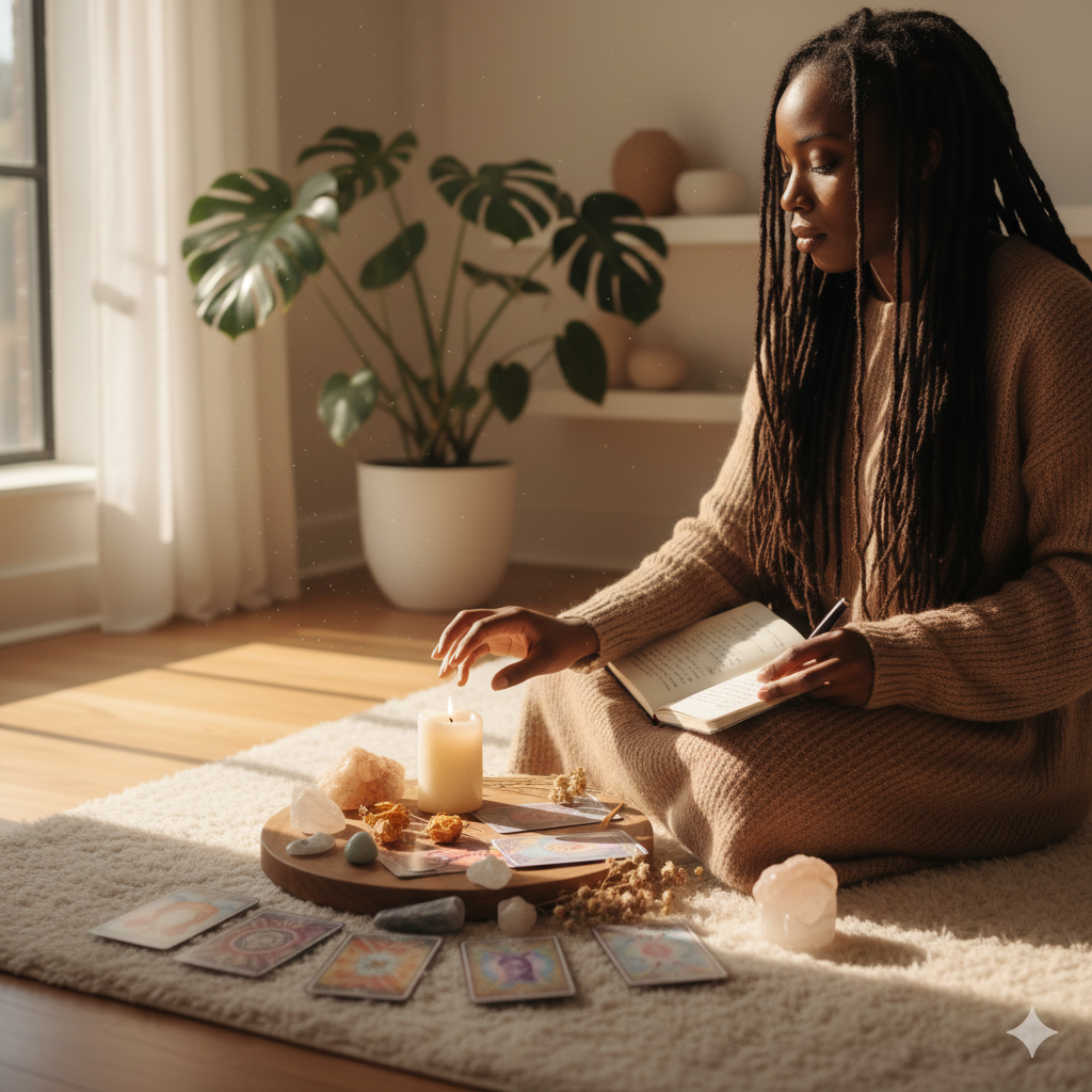 A woman with long dreadlocks reading a book and participating in a tarot card reading or spiritual practice in a sunlit room with a sheepskin rug, a lit candle, and various crystals and tarot cards on a wooden tray.