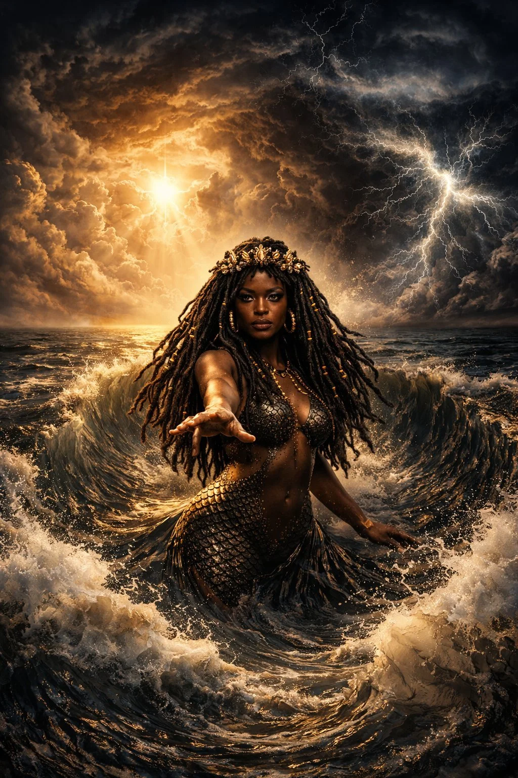 A woman with long dreadlocks, wearing a crown and a black, scaled outfit, reaching out with her hand amidst stormy ocean waves, dark clouds, lightning, and bright sunlight in a fierce, mystical scene.