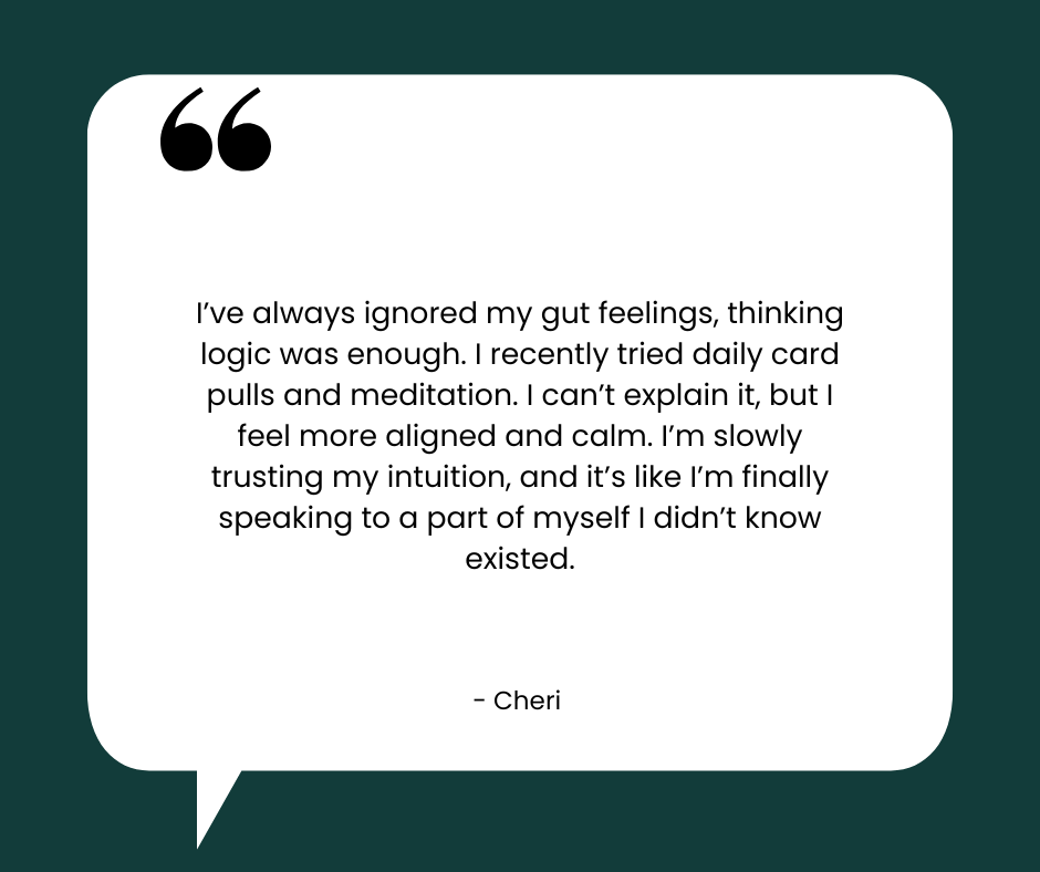 Quote about trusting intuition and meditation, attributed to Cheri, inside a speech bubble on a dark green background.