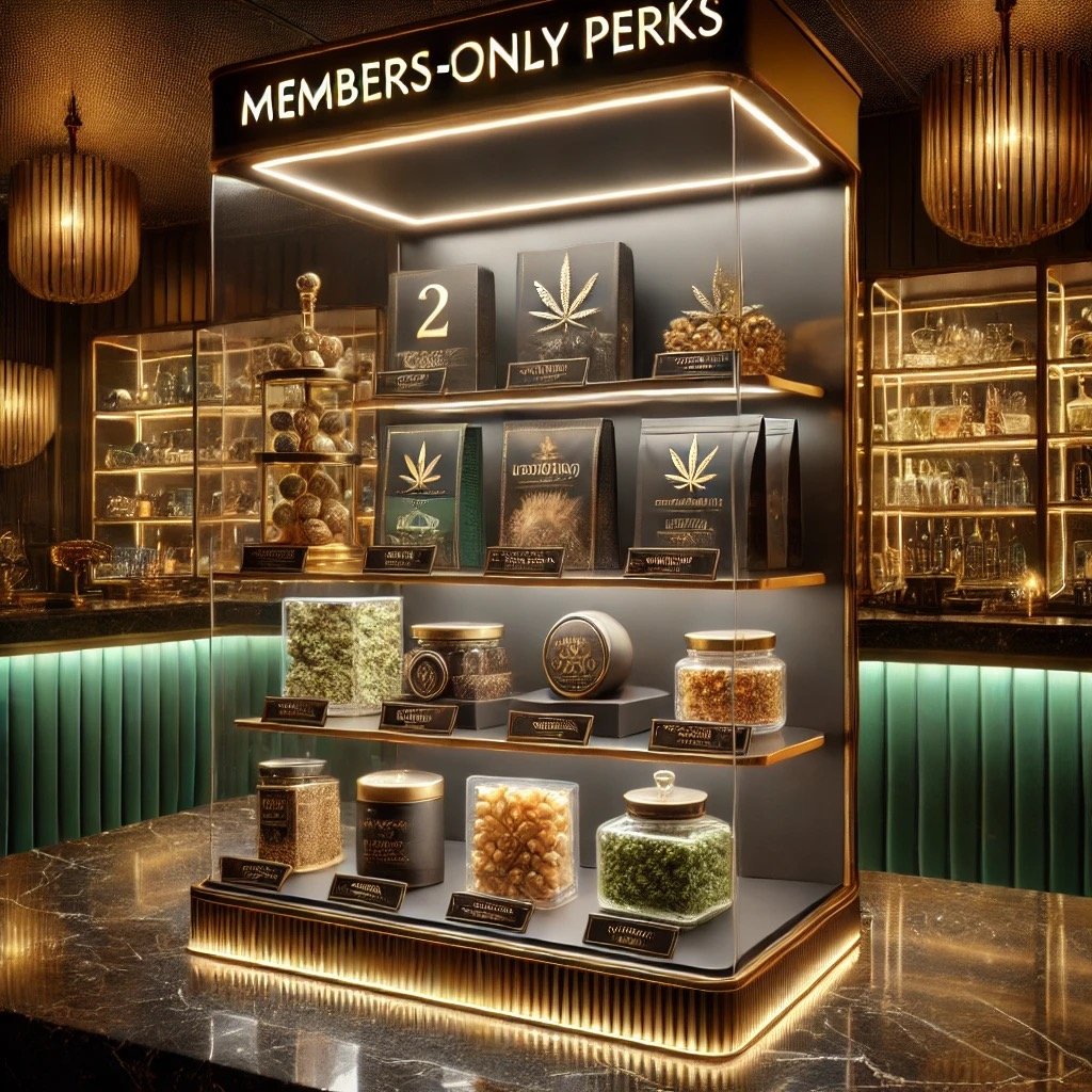 Display case with cannabis-themed merchandise, including bags, jars, and decorative items, under a sign that reads 'Members-Only Perks' in a luxurious store with gold accents and ambient lighting.