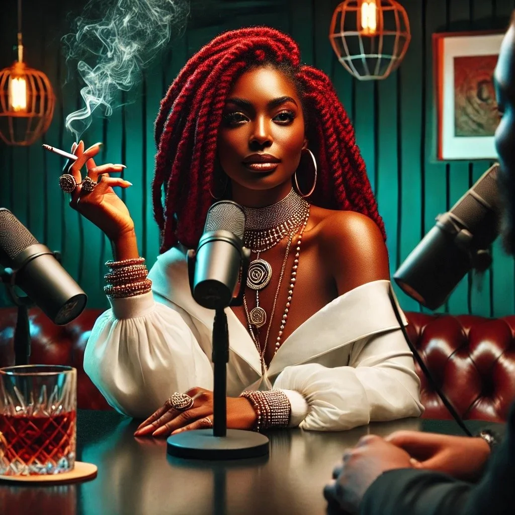 A woman with red twisted hair and dark makeup, wearing jewelry, is sitting at a table with microphones, holding a cigarette, in a recording studio setting.