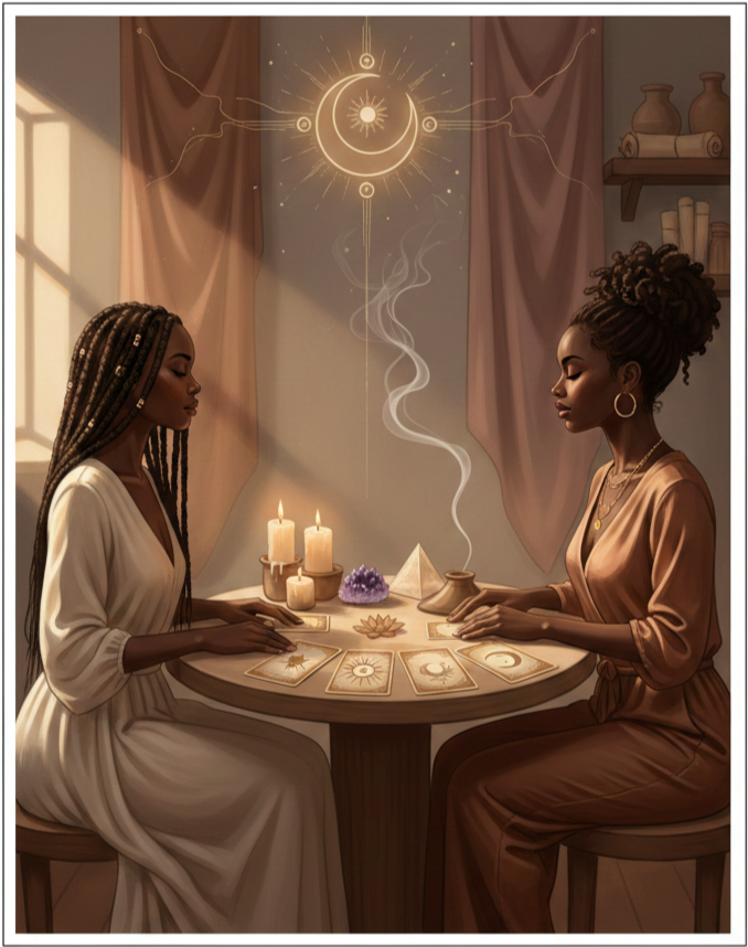 Two women with African features sitting across from each other at a round table, engaging in a tarot card reading, with candles, incense, and mystical decorations in a cozy, softly lit room.