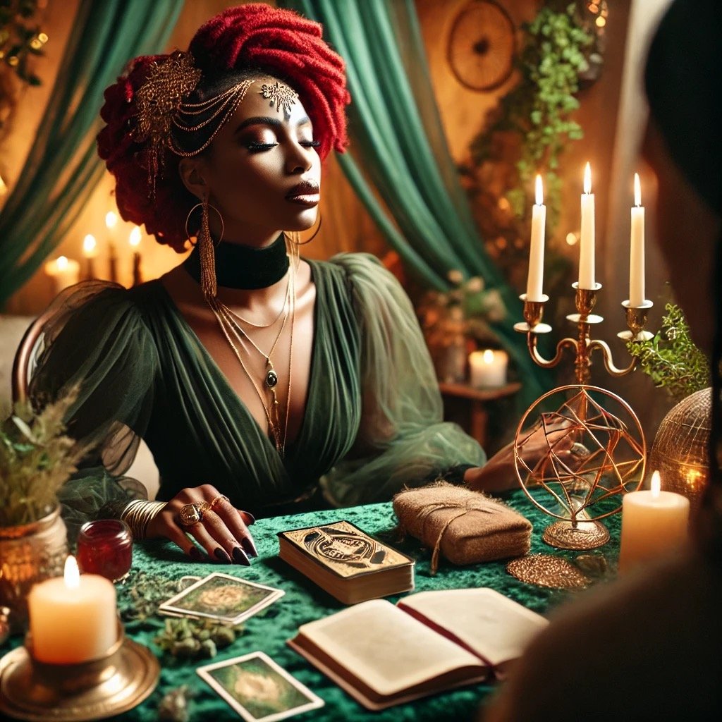 A woman with red dreadlocks, wearing gothic jewelry, dressed in green, sitting at a table with tarot cards and mystical objects, illuminated by candlelight, in a dimly-lit, mystical setting with green drapes and candles.