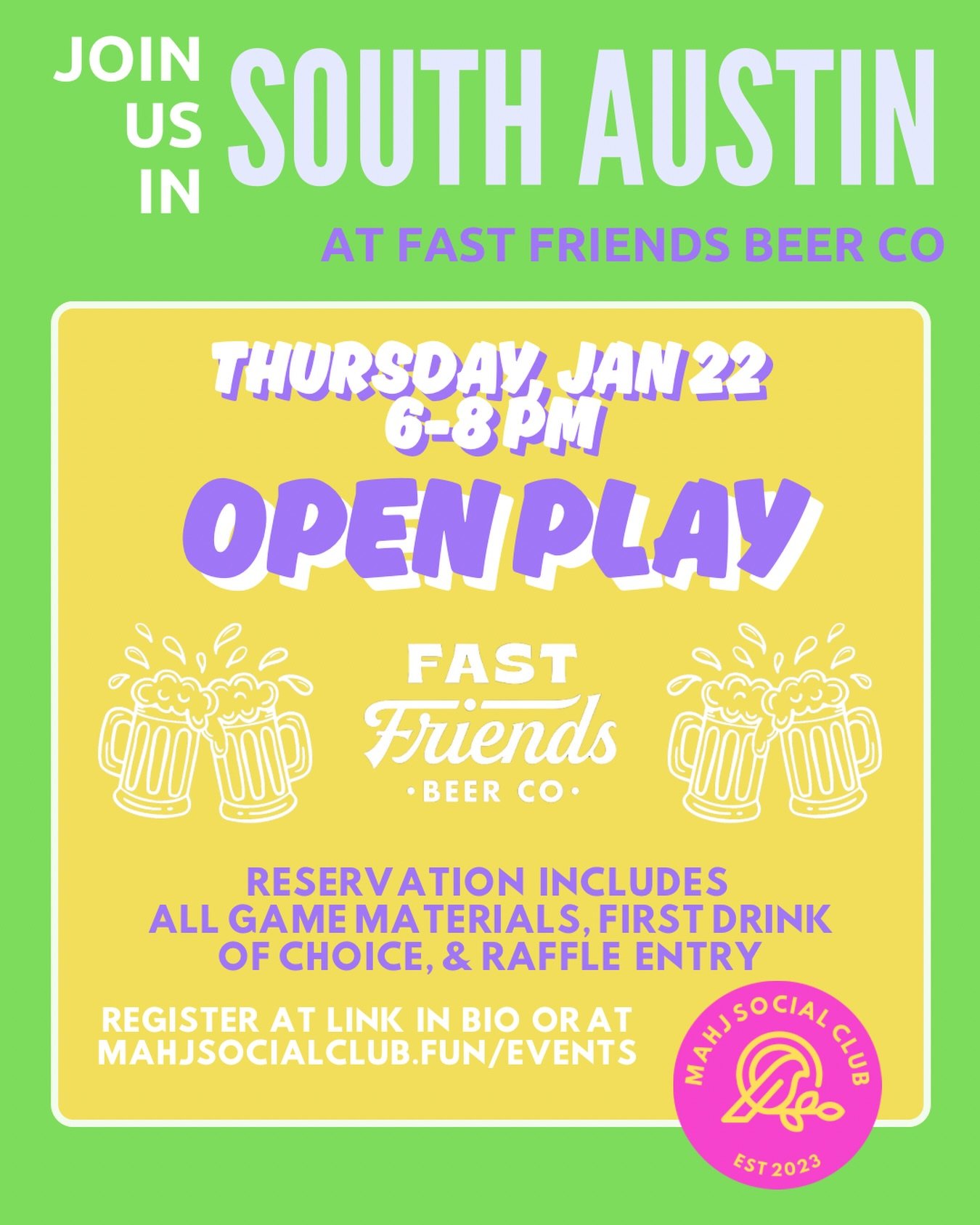Come mahj with us, South Austin 🀄️

This open play is designed for everyone&mdash;newer players, seasoned players, and everyone in between. Tables are seated by skill level, and an instructor is there for assisted play.

If you&rsquo;ve just learned