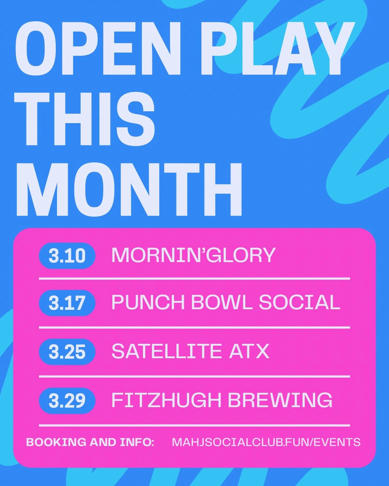 In case you missed it &mdash; we&rsquo;ve got four open plays this month. 🀄️

3/10 - @morninglorytx 
3/17 - @punchbowlaustin 
3/25 - @satelliteatx 
3/29 - @fitzhughbrewing 

All levels welcome! We will seat tables by skill level. Seats are limited, 