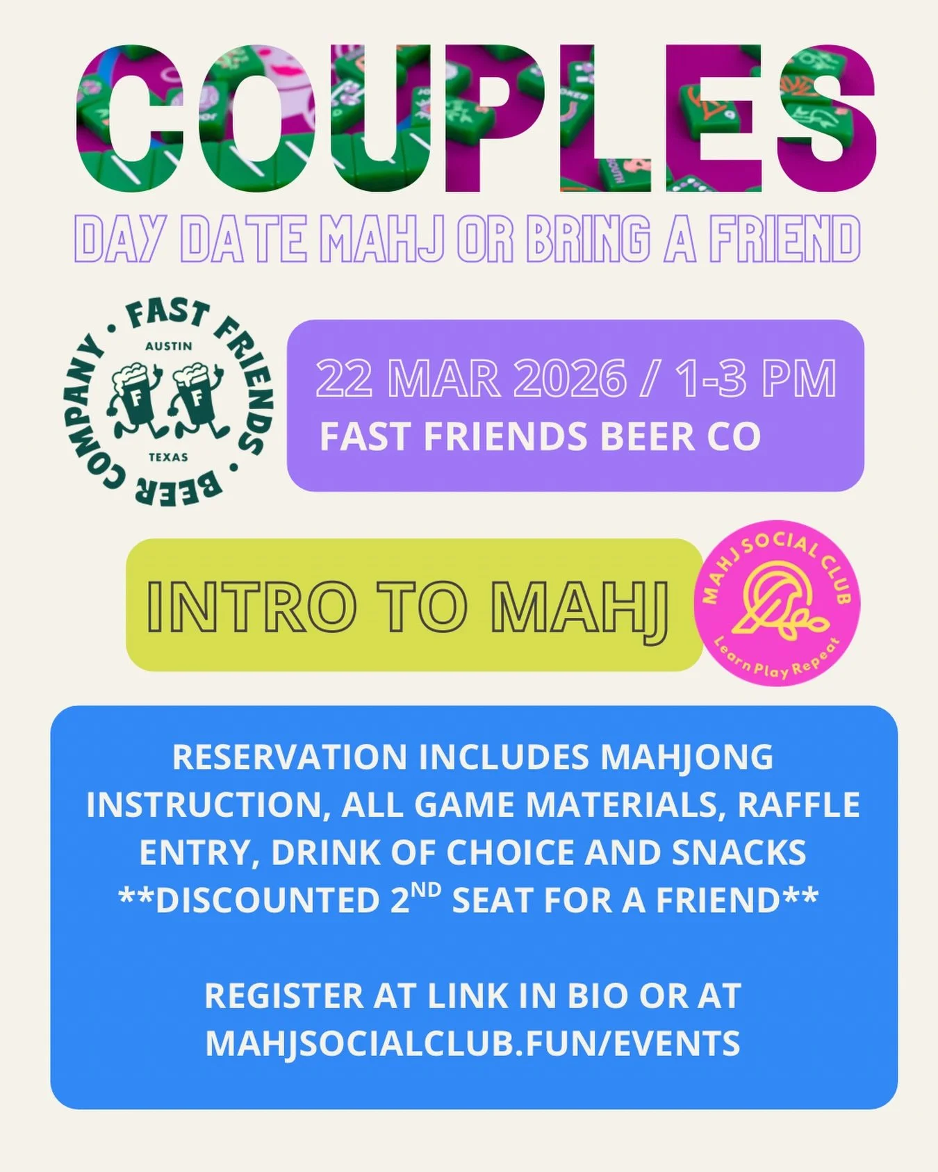 Couples who Mahj together&hellip; stay together. 🀄️💕

Grab your partner, your best friend, or your favorite game night crew and join us for a Day Date Mahj at @fastfriendsbeer. This is the perfect intro lesson for beginners or a fun way to finally 
