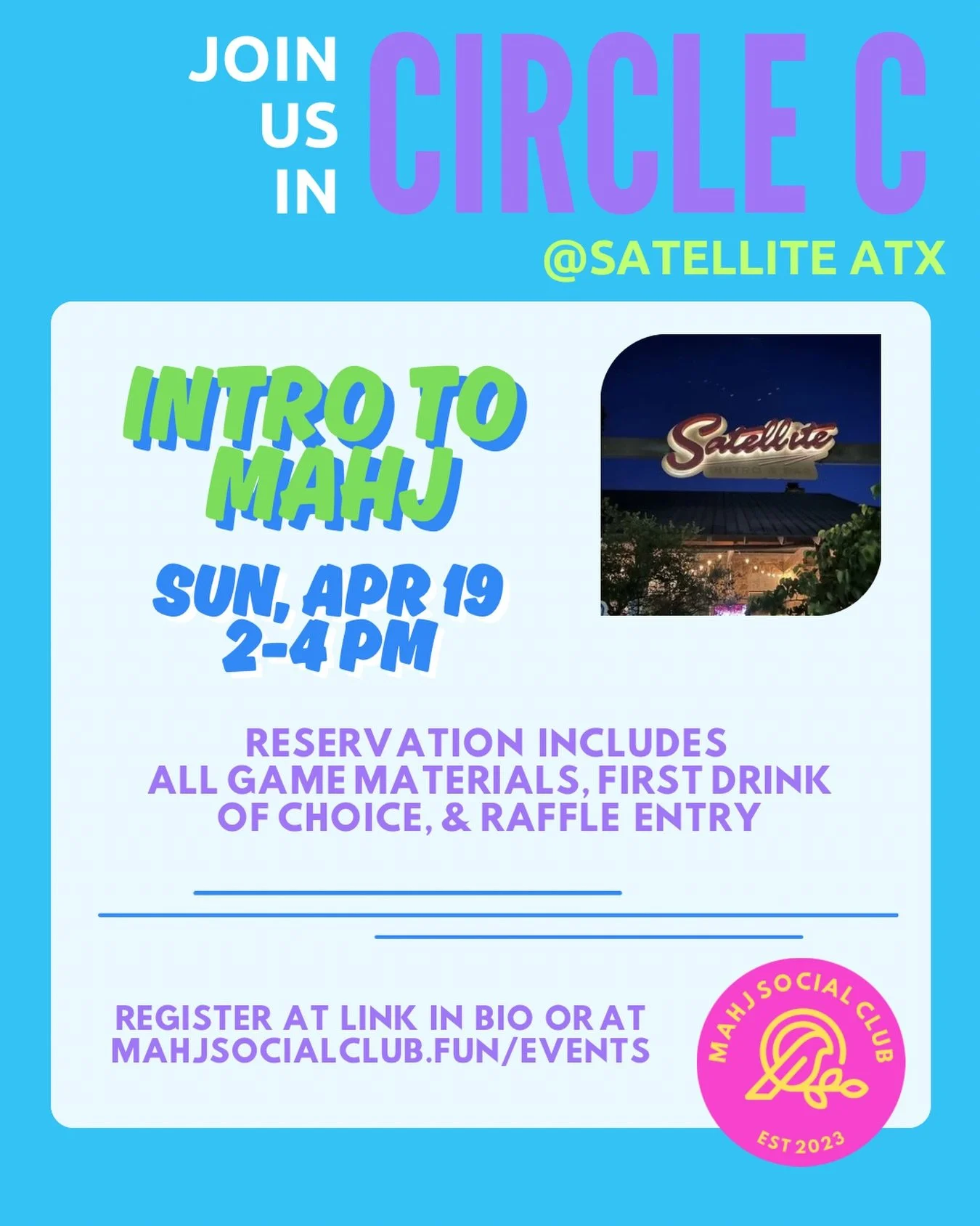 Learn something new. Meet new people. Enjoy an evening on the patio before the Austin heat hits 🀄️✨

South Austin, let&rsquo;s mahj 💙 Join us at @satelliteatx for a beginner-friendly Intro to Mahj&mdash;perfect if you&rsquo;ve never played or just 