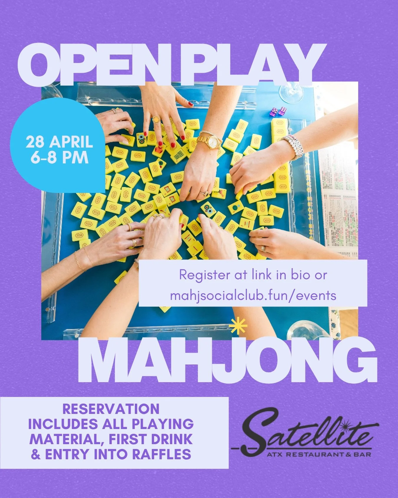 Join us for Open Play next week ✨

We&rsquo;ve got one of the most approachable playing groups in Austin! All levels welcome&mdash;tables sat by skill level and instructor support as needed. 

April 28 | 6&ndash;8 PM
📍 Satellite ATX
@satelliteatx 

