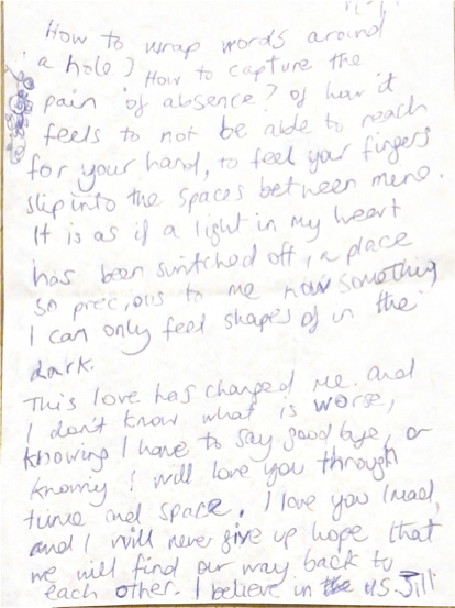 A handwritten letter on white paper, discussing emotions, love, and hope, with some visible scribbles and notes.