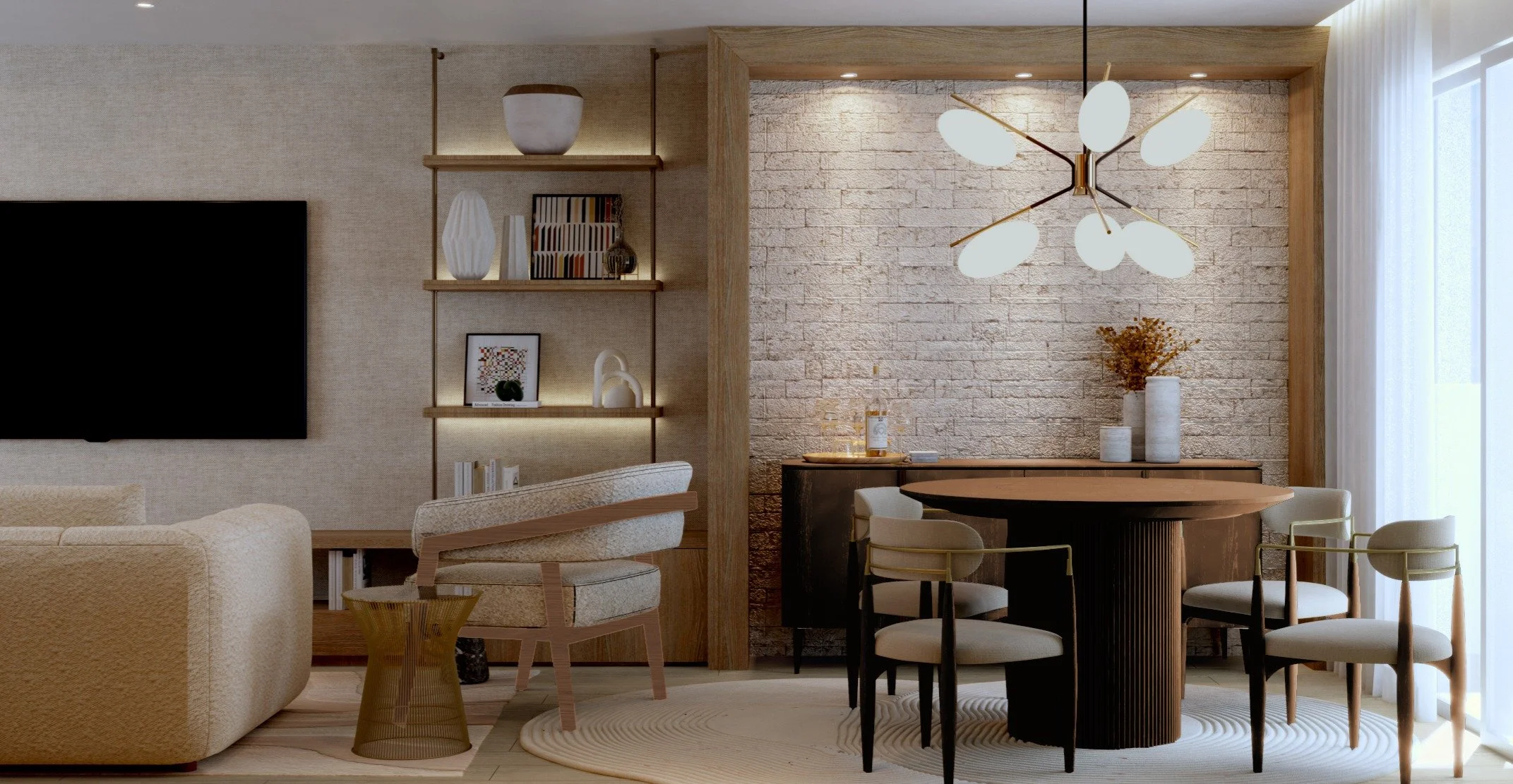 Another rendering view of our Coconut Grove project, now approaching final completion.

This angle highlights the shared accent wall between the living and dining areas, conceived as a continuous architectural element. Scale is intentionally broken d