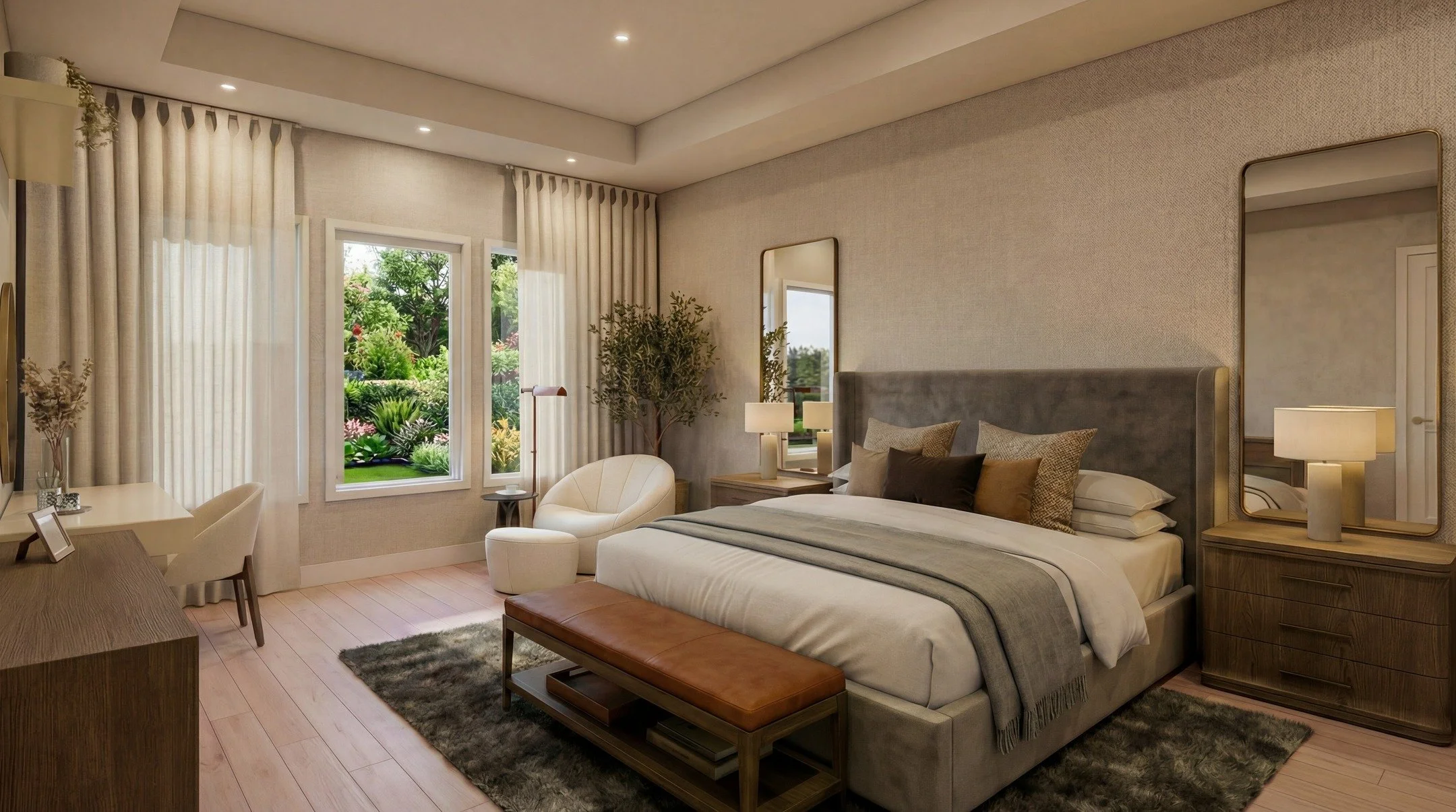 Swipe to see the before!
This master bedroom is getting a full refresh&mdash;transforming a dated space into a calm, elevated resting space. Soft and contrasting neutrals, layered textures like wallcovering on all walls, and warm wood tones were care