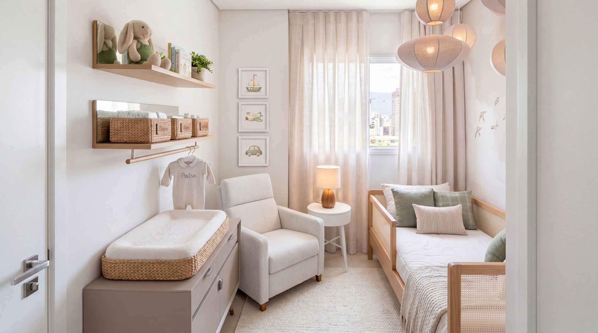 A very special nursery project for a dear client in Brazil. 🤍

We transformed a compact home office into a soft, functional nursery designed to grow alongside baby. The palette remains calm and neutral, layered with natural textures, light wood tone