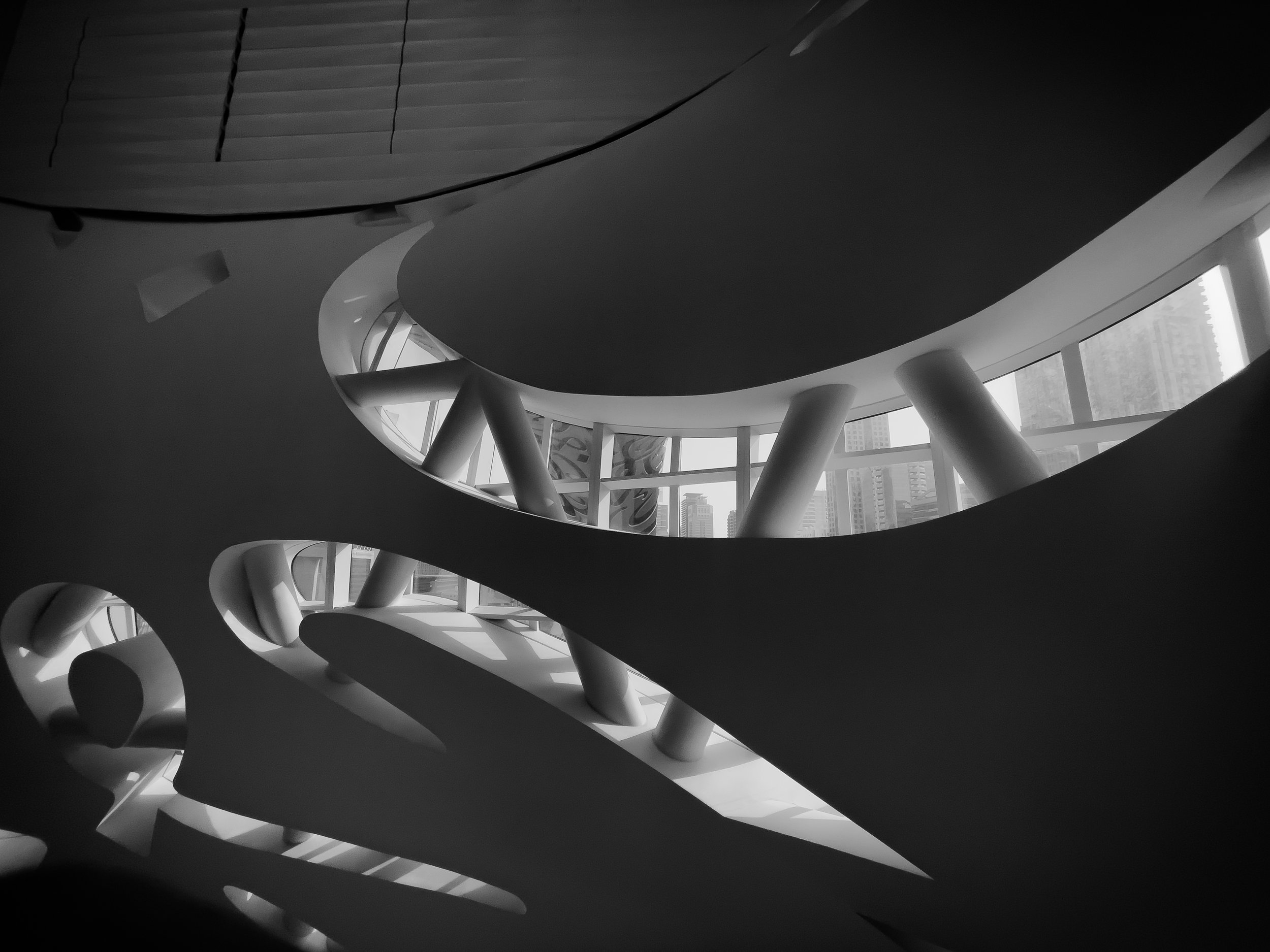A black and white shot taken from inside the Museum of the Future in Dubai
