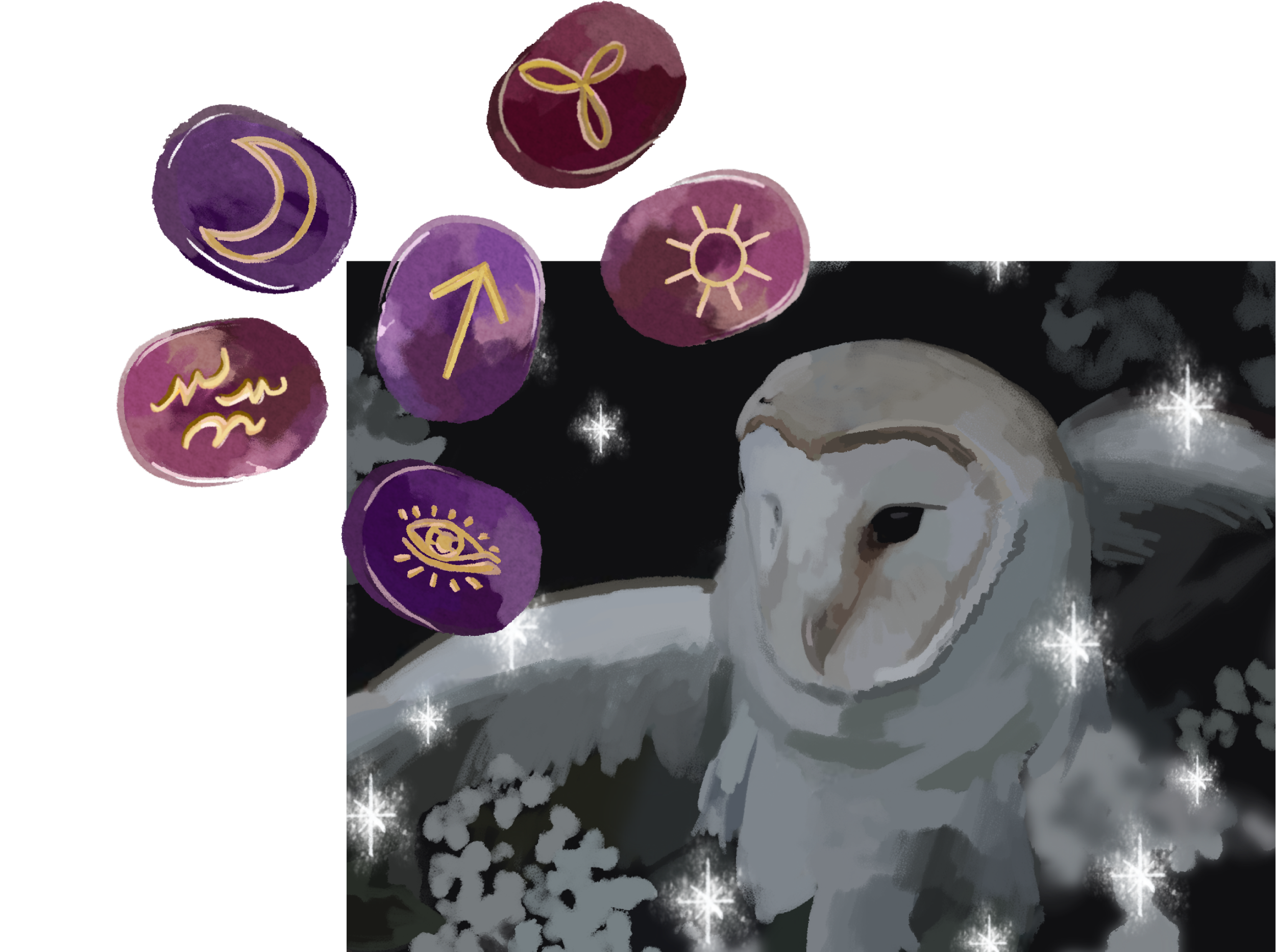 a witchy illustration of runes and an owl
