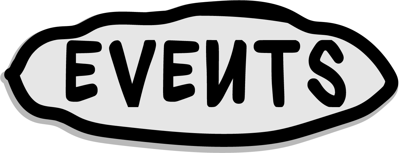 The word 'EVENTS' written in large black letters on a gray background, with an irregular shape resembling a speech bubble or cloud, and a black outline.