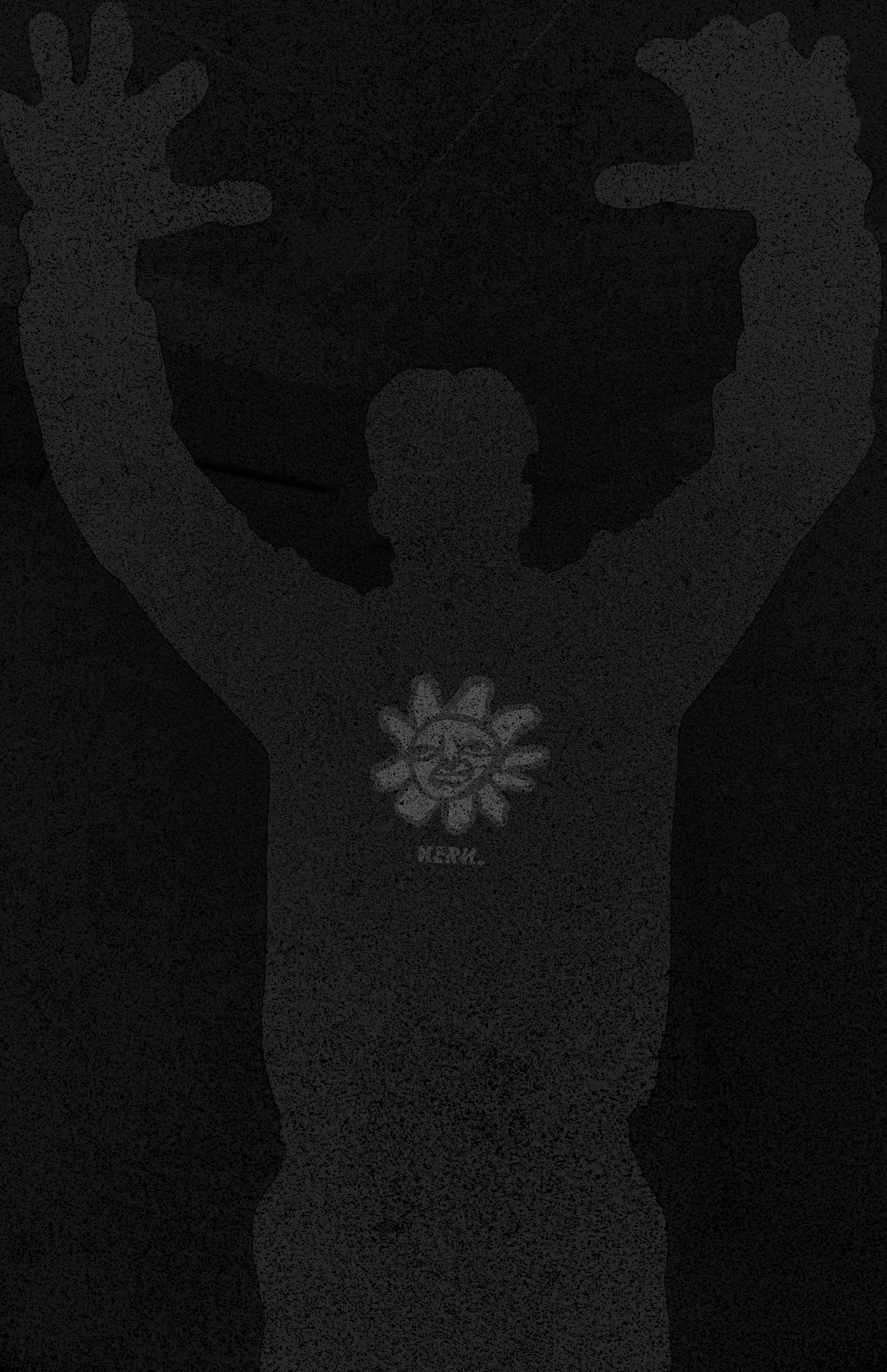 A silhouette of a man with his arms raised, wearing a shirt with a smiling flower face on the front.