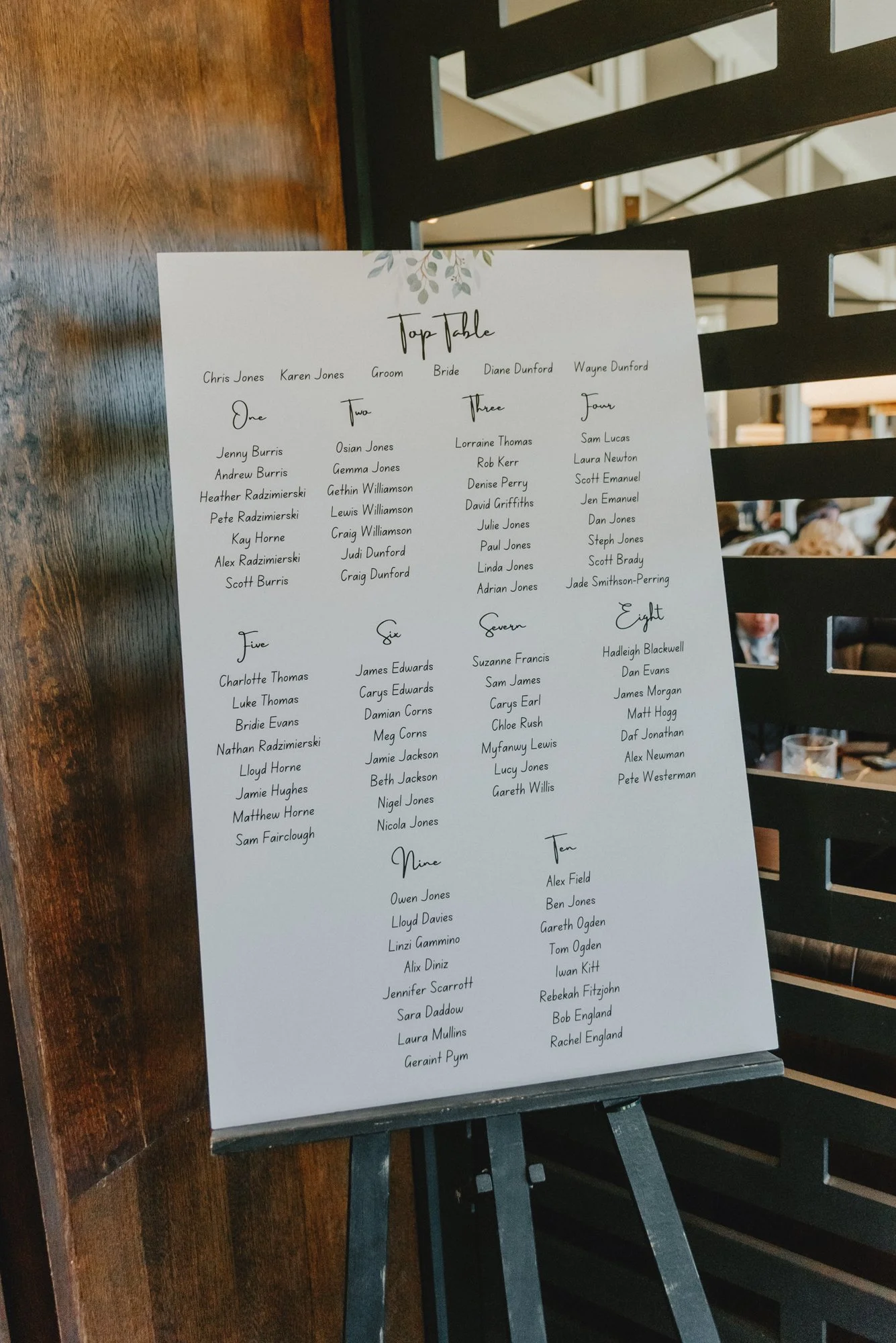 A white wedding seating chart on a stand, listing names under table numbers from one to ten, decorated with a small green and gray leaf pattern at the top.