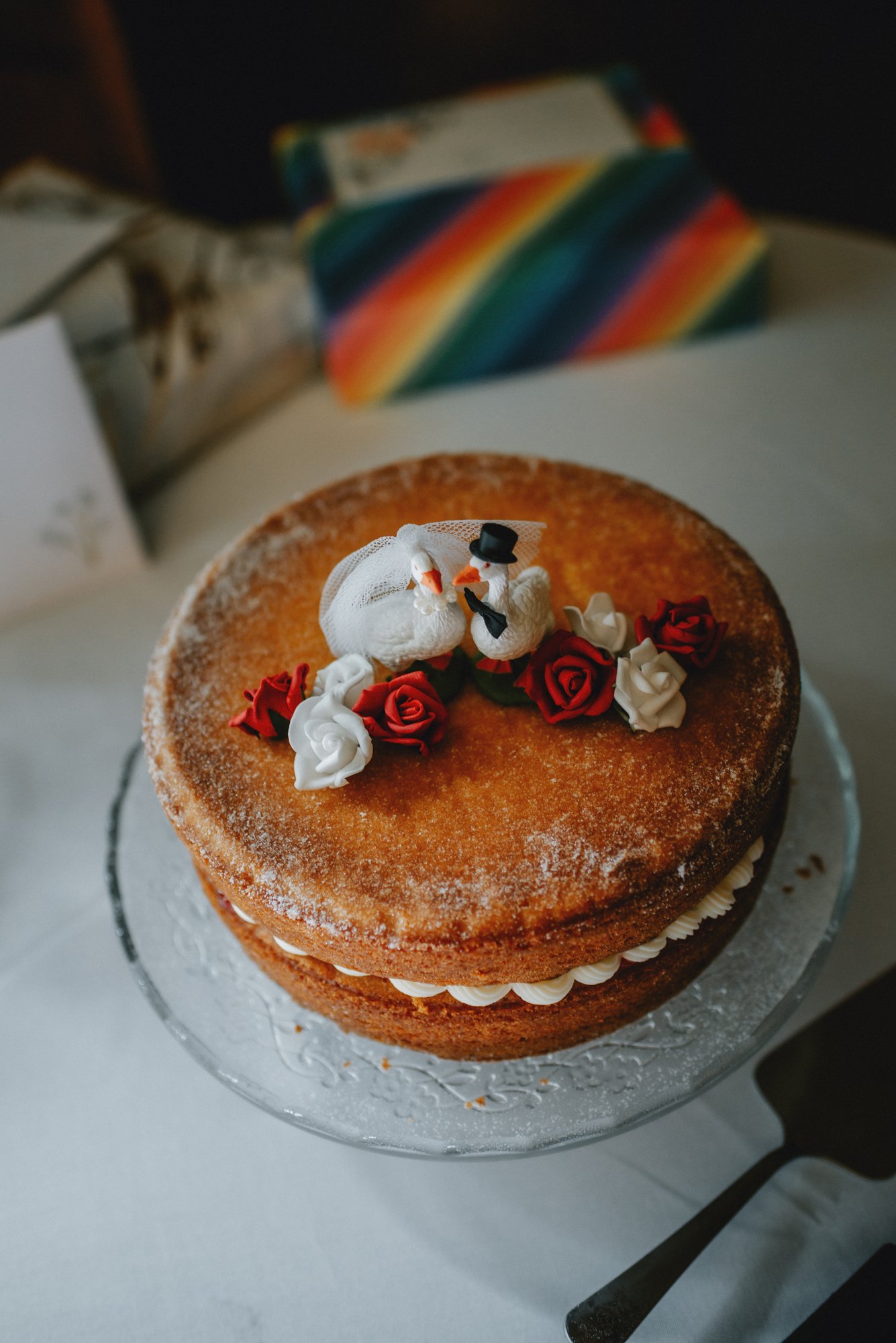A round cake with a dusting of powdered sugar, decorated with two swans wearing a wedding veil and top hat, surrounded by red and white roses.
