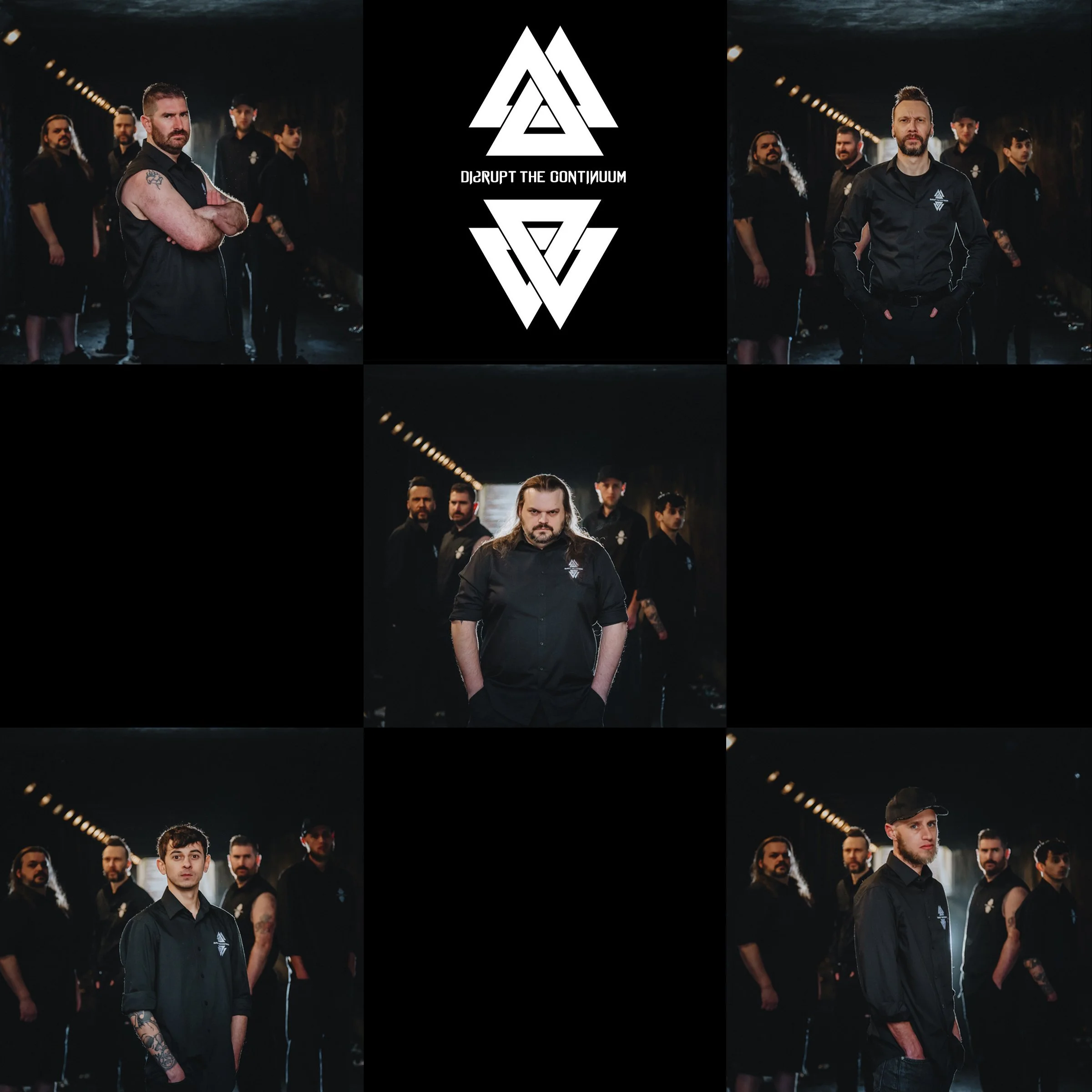 Group of six men in dark clothing standing in a tunnel with a black background and illuminated ceiling lights, with a logo and text 'Disrupt The Continuum' in the center.