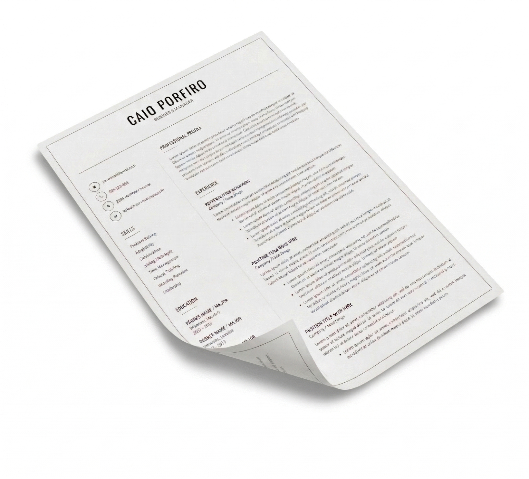 Foto de um currículo minimalista, a parte inferior esquerda está levemente levantada