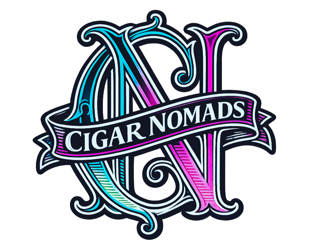 Stylized logo with the text 'Cigar Nomads' on a banner over ornate, colorful monogram letters 'CN' in neon shades.