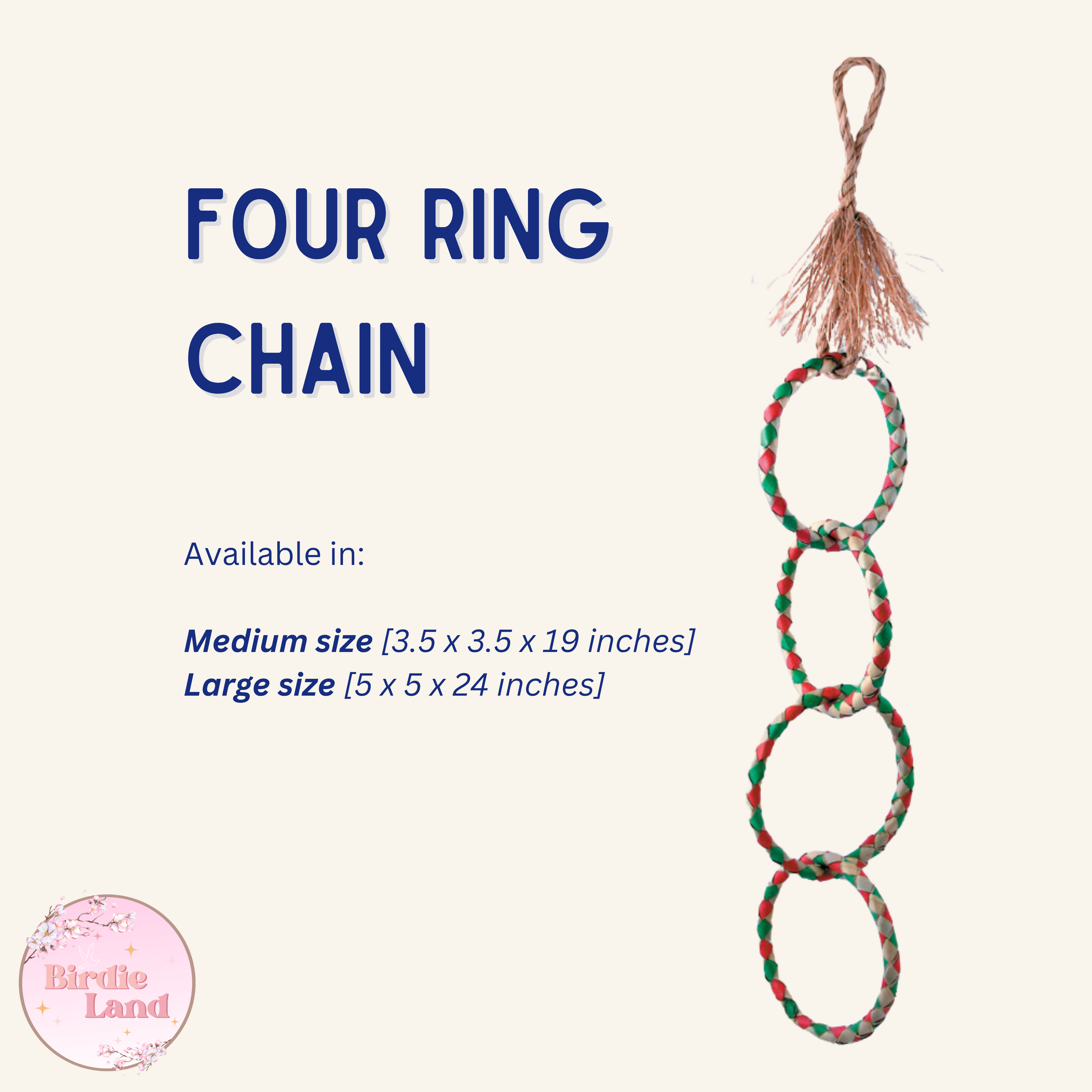 ✨ Four Ring Chain ~ A parrot-loving classic! Reinvented with colorful woven palm leaves. It creates a great place for your bird to swing and hang around!