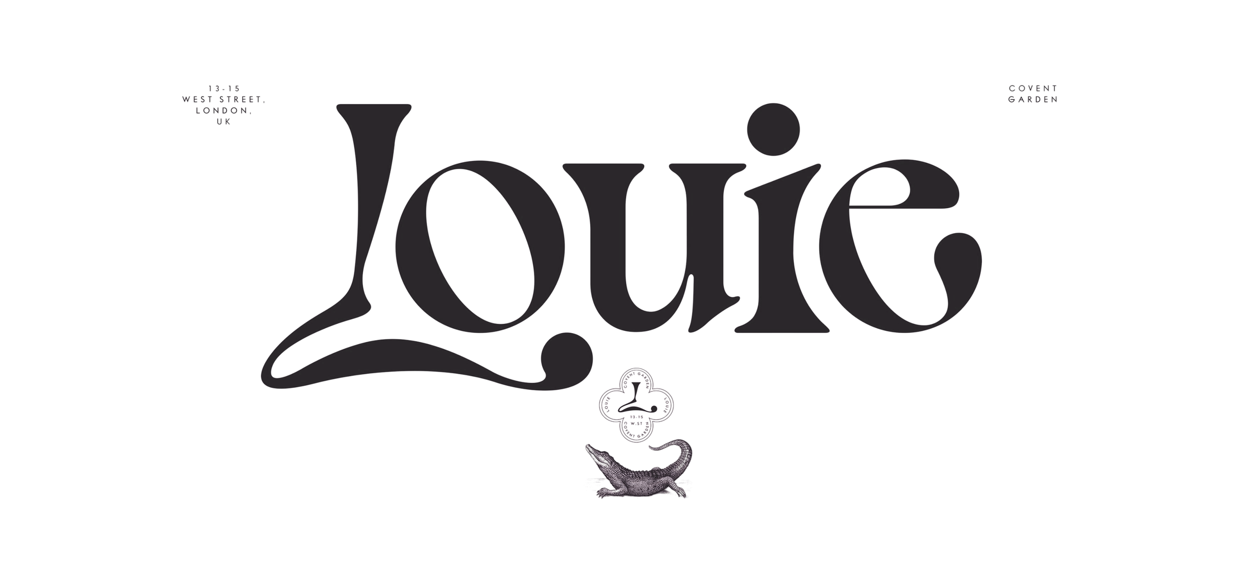 A black background with stylized text that reads "Louie" and a small crocodile icon at the bottom.