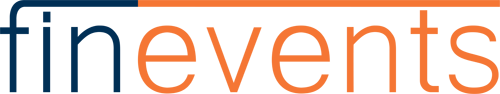 Logo with the words 'fin events' in blue and orange text.