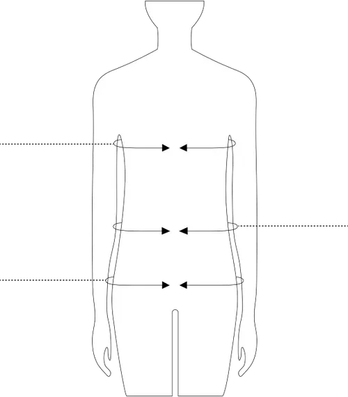 Diagram of a human figure with arrows showing different methods of measuring body fat, including a caliper for skinfolds and a tape measure for waist circumference.