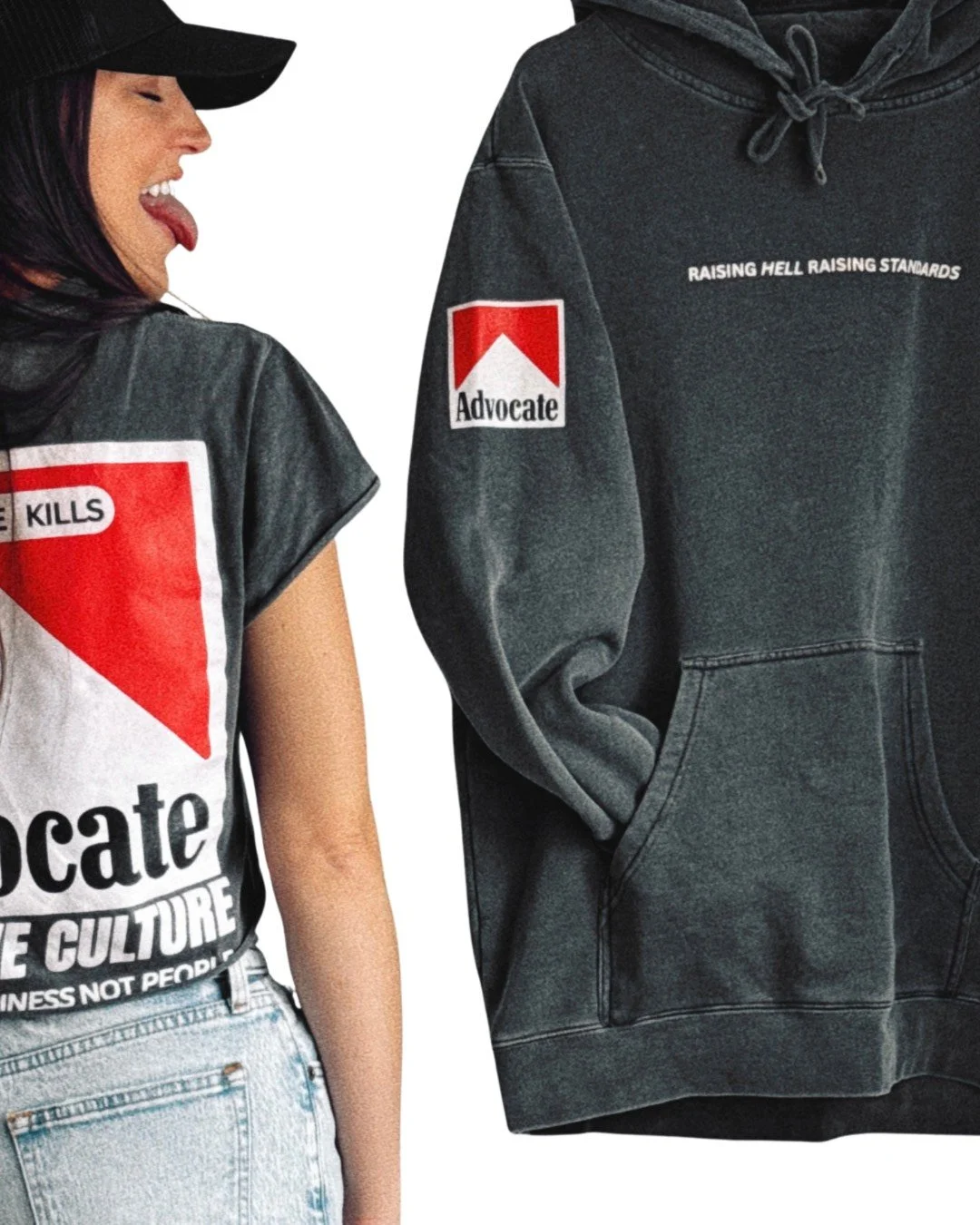 "Advocate"  T shirt unregulated advocate logos and patches, including the words "RAISING HELL RAISING STANDARDS."