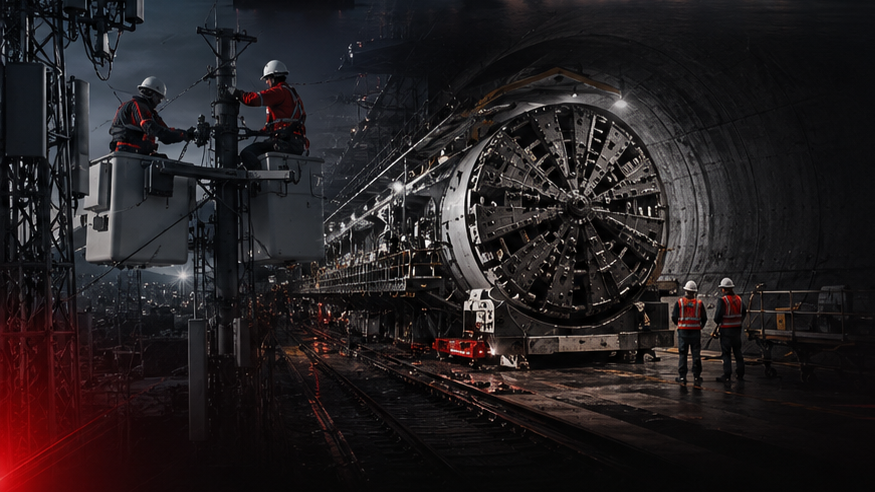 Two workers in safety gear and helmets inspecting a tunnel with a large tunnel boring machine.