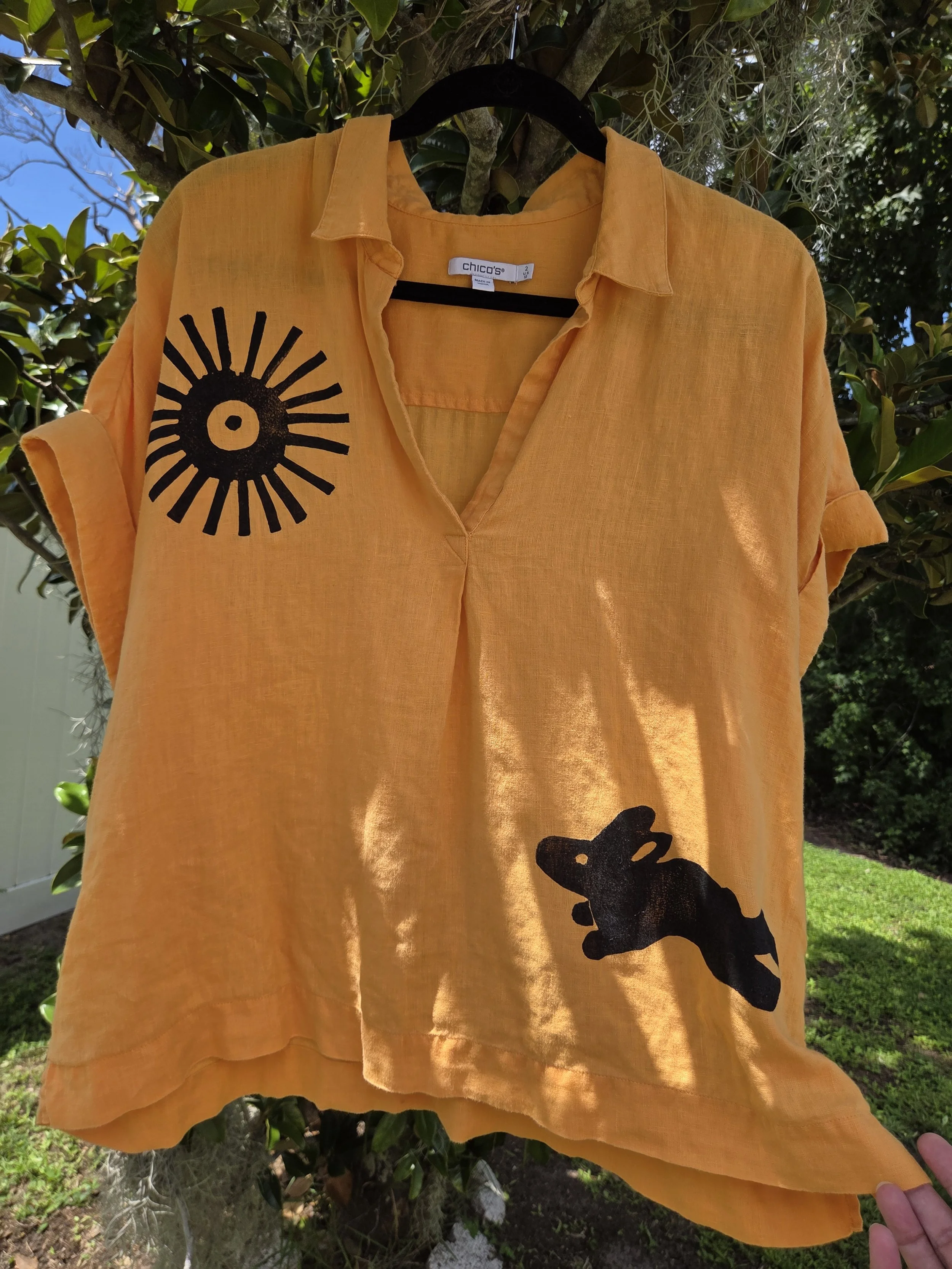 Adorned Apparel - Tangerine Linen Sun & Bunny Blouse