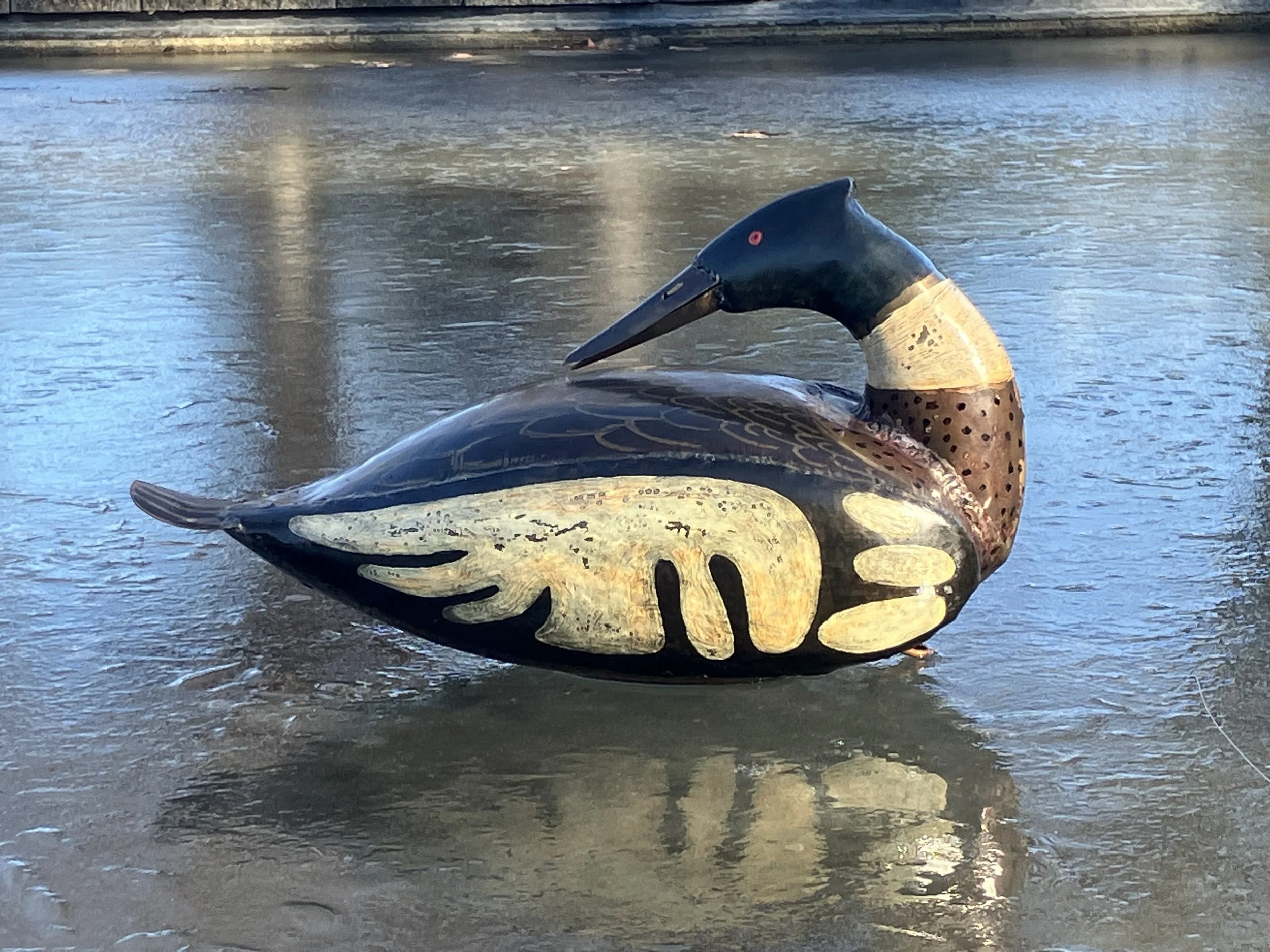 Red-breasted merganser done in the style of Maine decoy carver Gus Wilson (1864-1950)
Hand formed 18ga. bronze sheet metal.