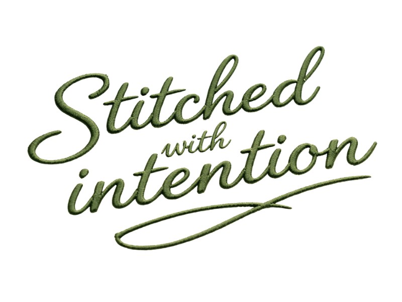 Text that reads 'Stitched with intention' in a cursive, green, embroidered style.