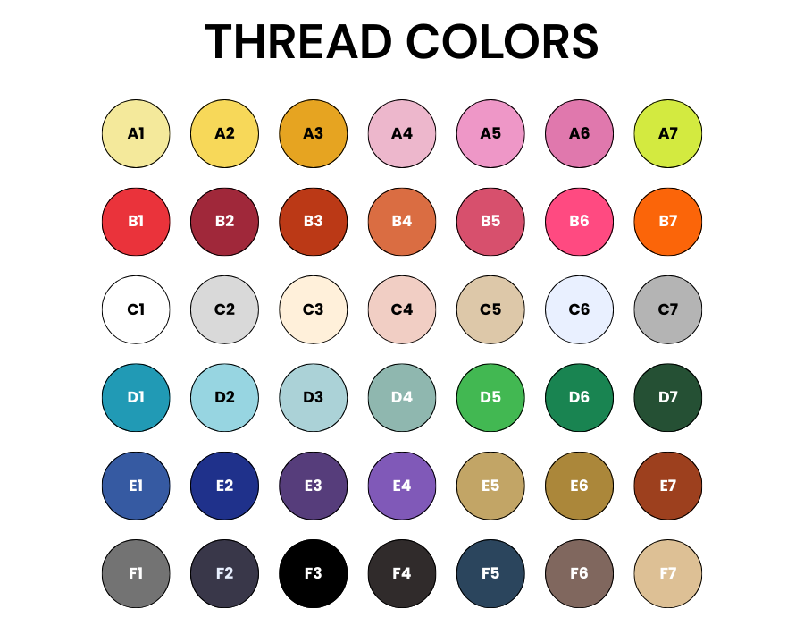A color chart with 7 columns and 7 rows, displaying a grid of color circles labeled with a letter and number (e.g., A1, B2). The colors range from light yellows and pinks at the top to darker blues, purples, and grays at the bottom, on a black background.