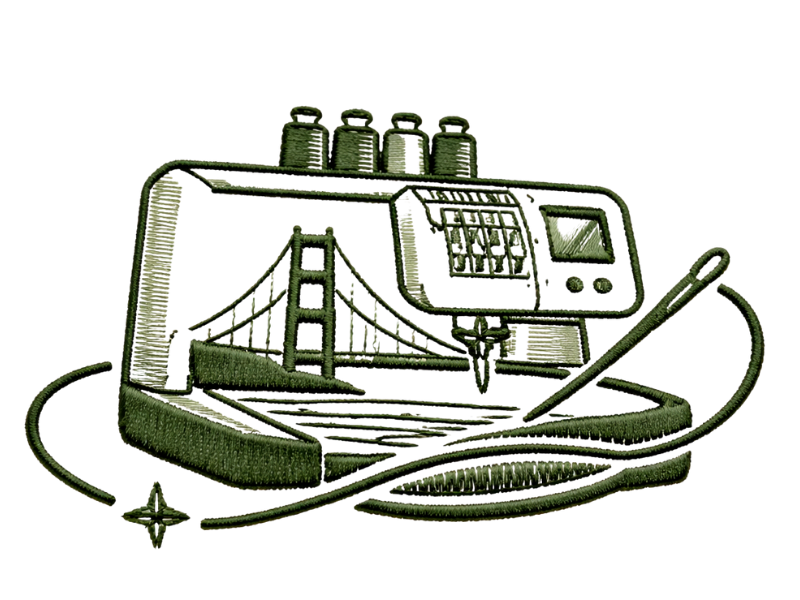 A vintage cathode-ray tube oscilloscope with a built-in keyboard and dials, mounted on a stand with a wire connected to it, and the Golden Gate Bridge depicted on the screen.