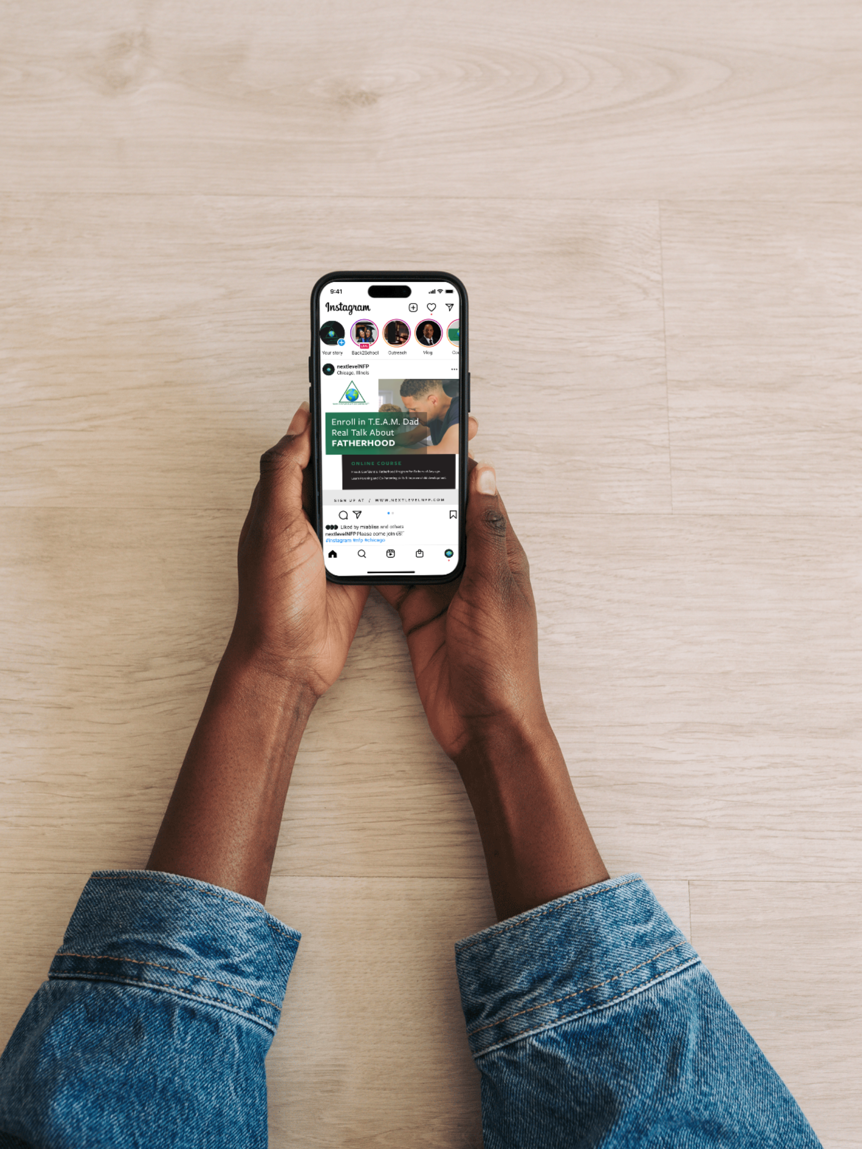 Hand holding a smartphone displaying an Instagram page, representing social media marketing and digital content engagement.